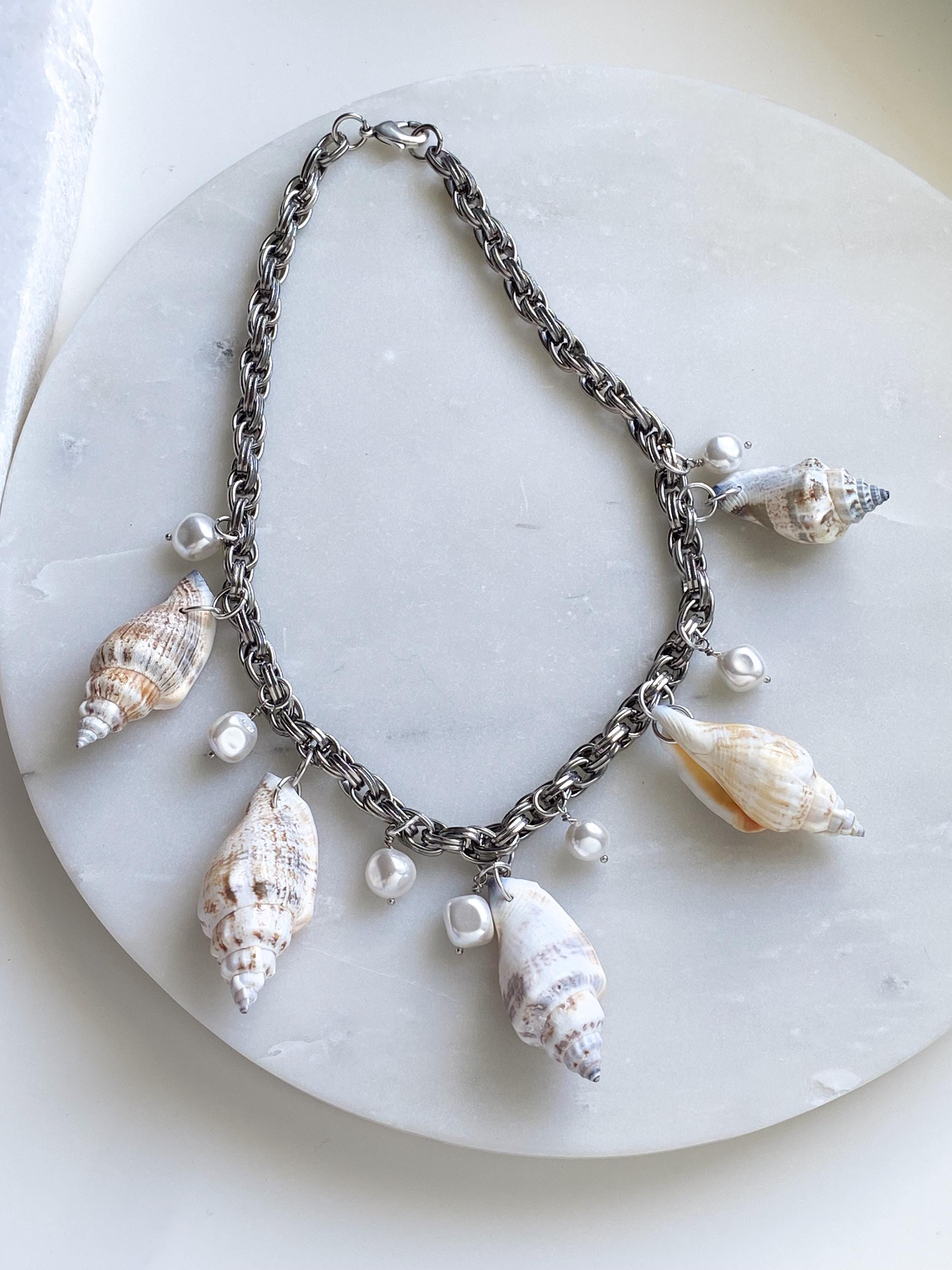 Natural shell Chunky Necklace, Silver Chain necklace with sea shell charms, Extravagant mermaid necklace, Summer Jewelry, Her Gift, THALASSA