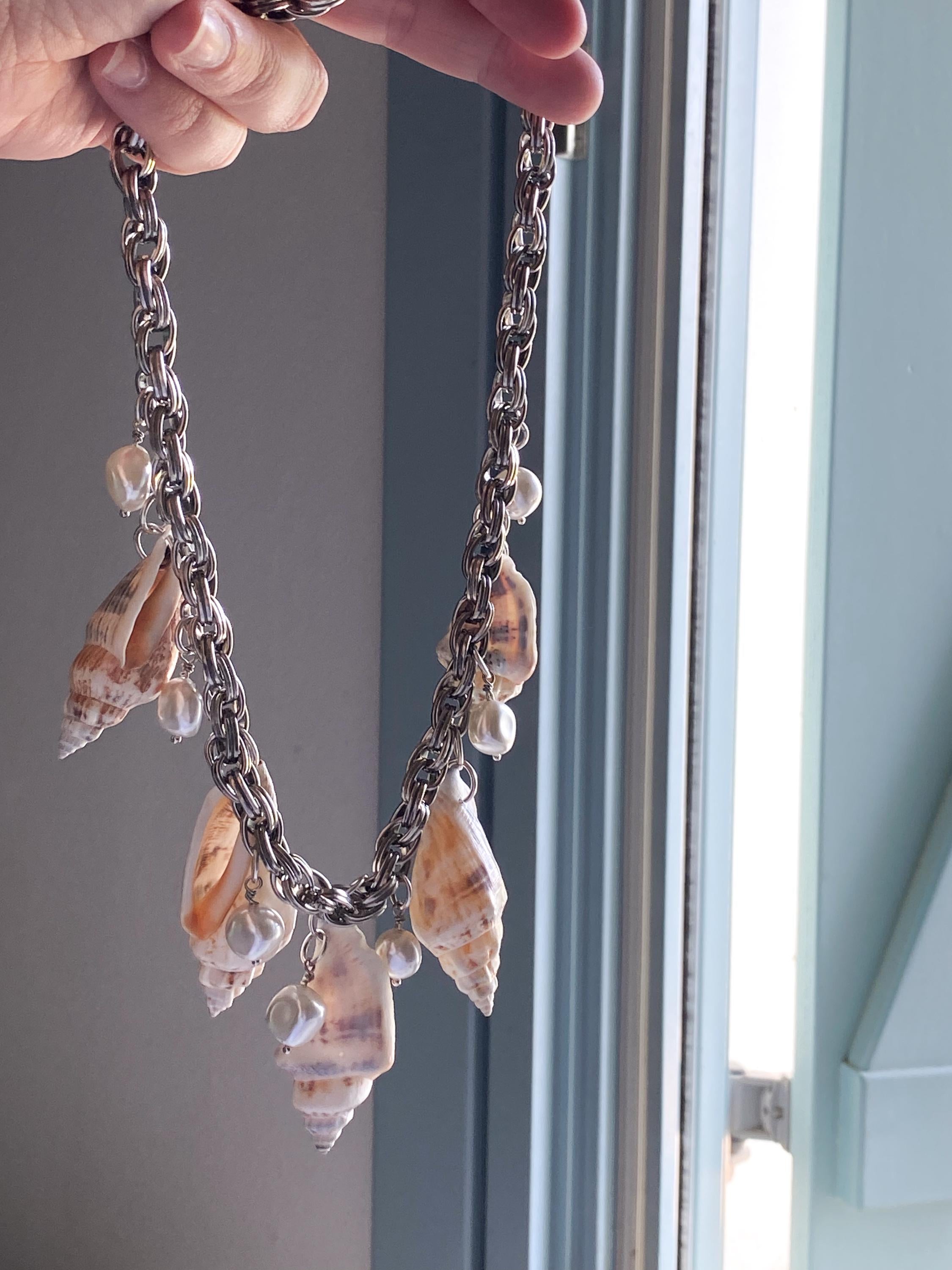 Natural shell Chunky Necklace, Silver Chain necklace with sea shell charms, Extravagant mermaid necklace, Summer Jewelry, Her Gift, THALASSA