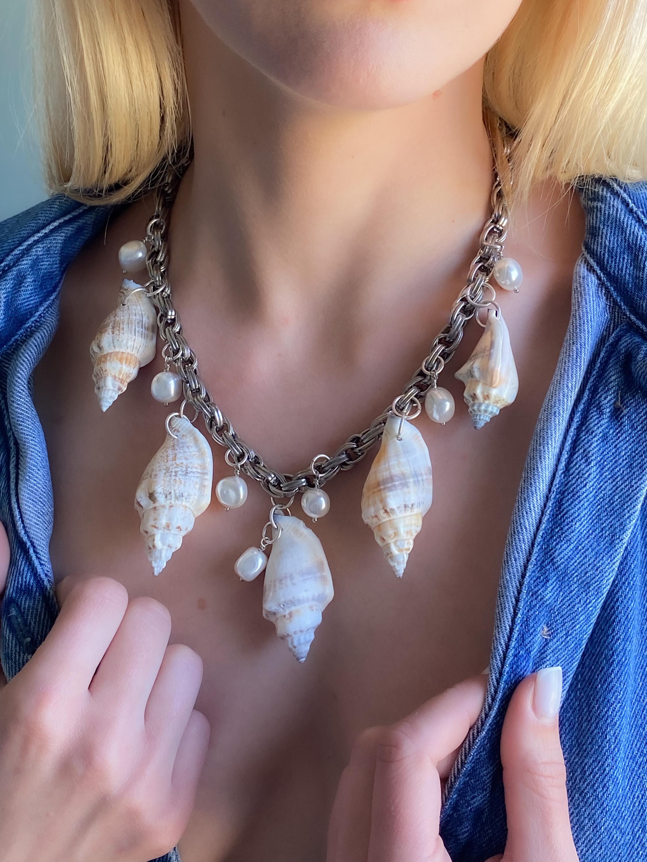 Natural shell Chunky Necklace, Silver Chain necklace with sea shell charms, Extravagant mermaid necklace, Summer Jewelry, Her Gift, THALASSA
