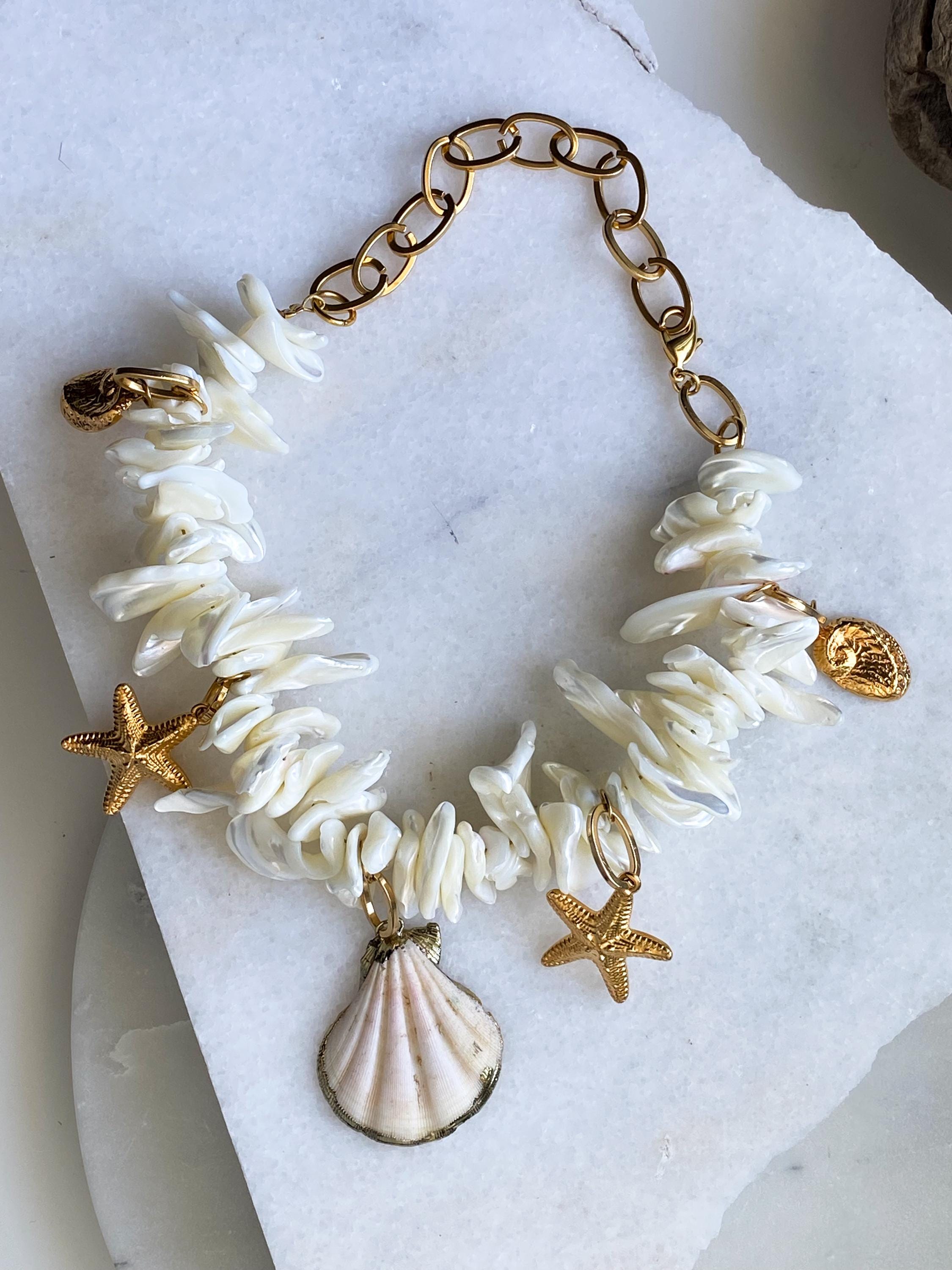 Extravagant Natural sea shell Necklace, Chunky charm necklace, Siren aesthetic Jewelry, Mermaid Festival necklace, Gift for her, CORDELIA