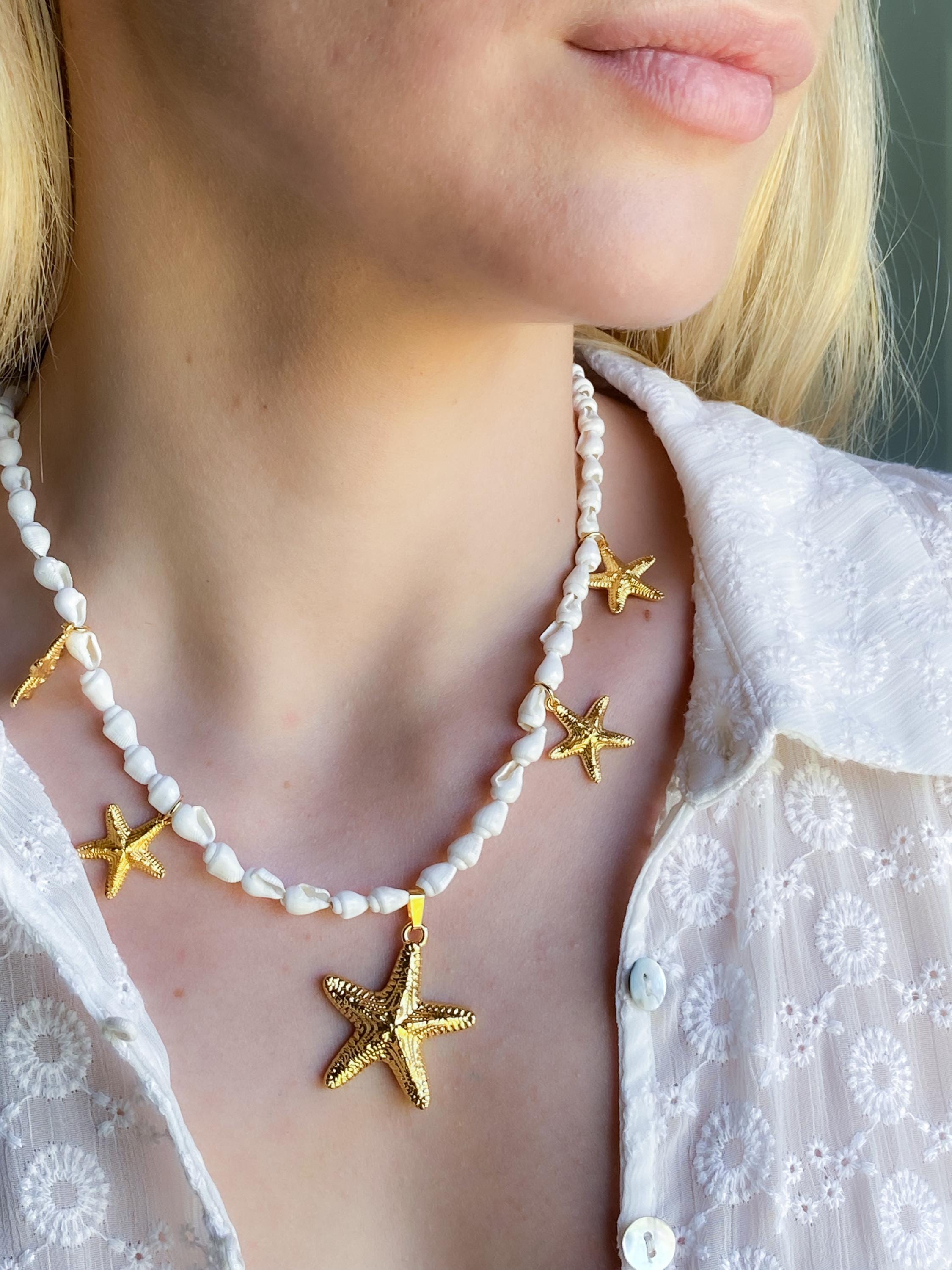 Sea shells Charm Necklace, Gold Starfish Pendant Necklace, Mermaid Summer Necklace, Beach Bridal Jewelry, Girlfriend Gift, STELLA
