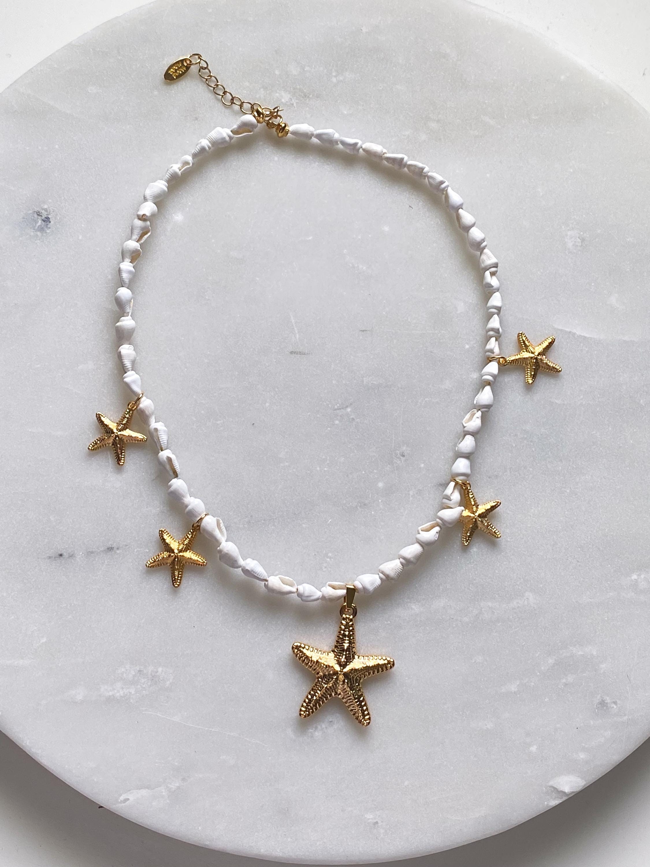 Sea shells Charm Necklace, Gold Starfish Pendant Necklace, Mermaid Summer Necklace, Beach Bridal Jewelry, Girlfriend Gift, STELLA