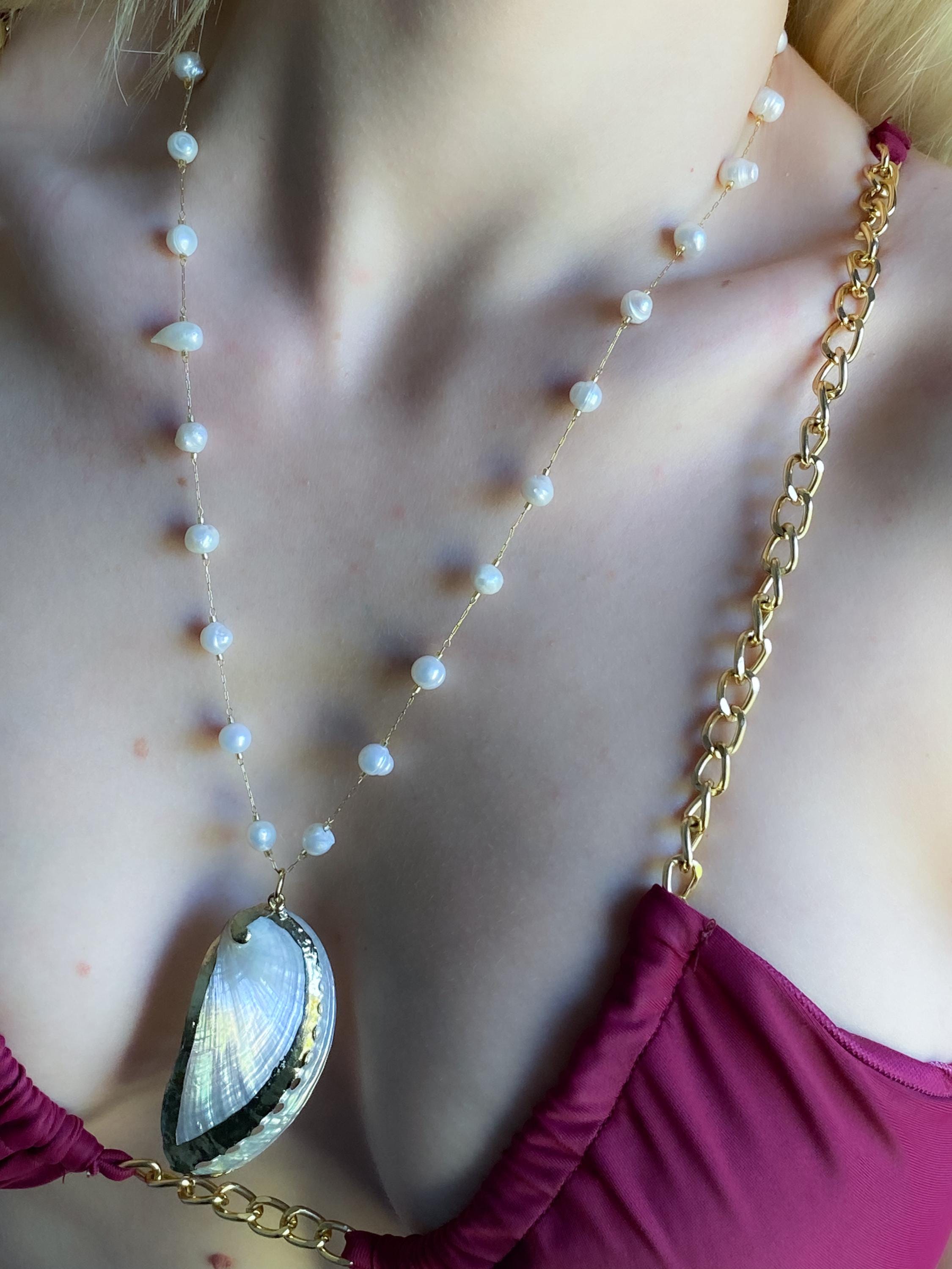 Natural Abalone sea shell Pendant Necklace, Long Freshwater pearls chain Necklace, Bridal Mermaid Summer necklace, Anniversary Gift, INDIA