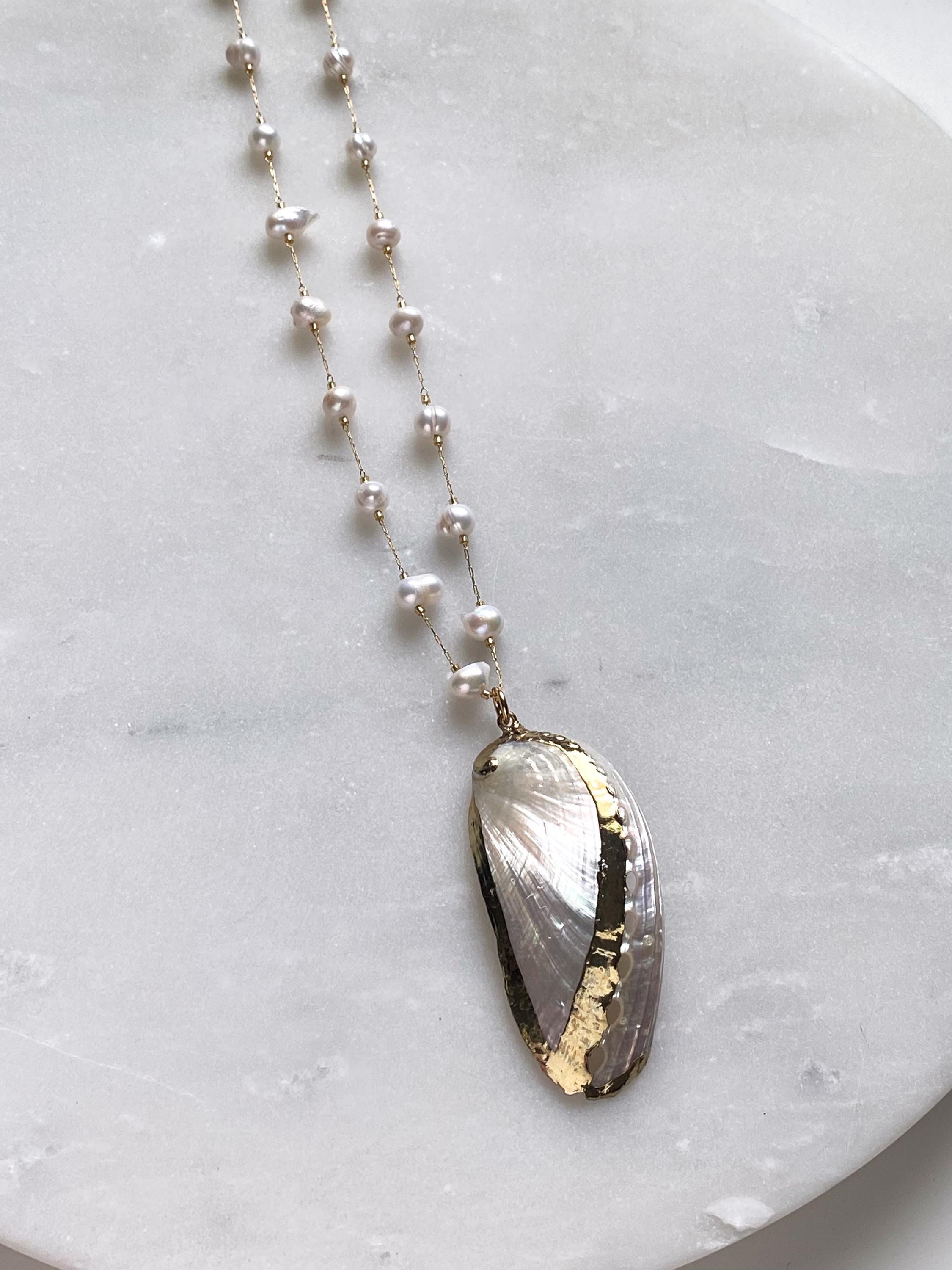 Natural Abalone sea shell Pendant Necklace, Long Freshwater pearls chain Necklace, Bridal Mermaid Summer necklace, Anniversary Gift, INDIA