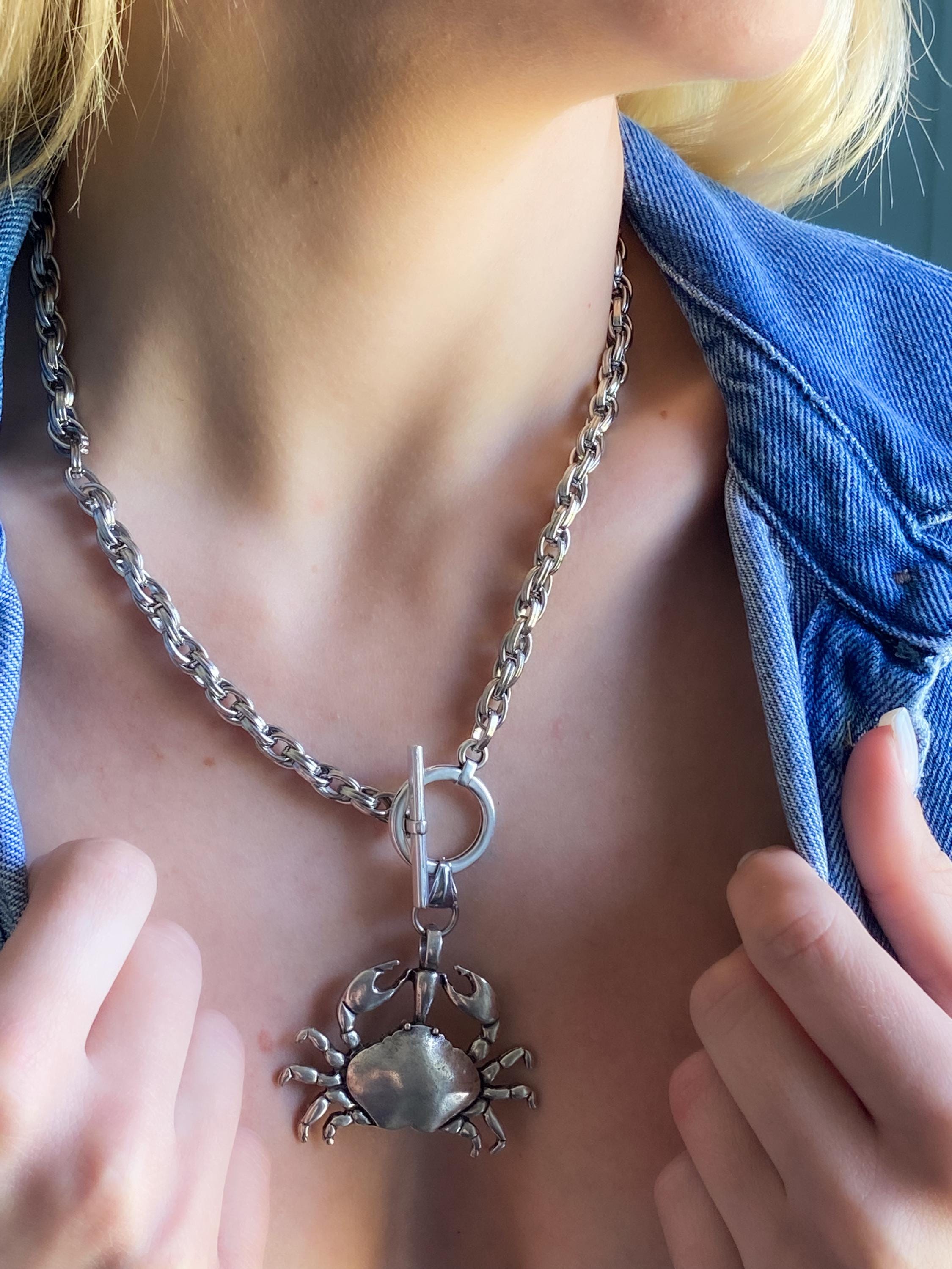 Big Crab chunky chain Necklace, Large Silver Crab Pendant, Summer beach toggle necklace, Mermaid core, ONDA