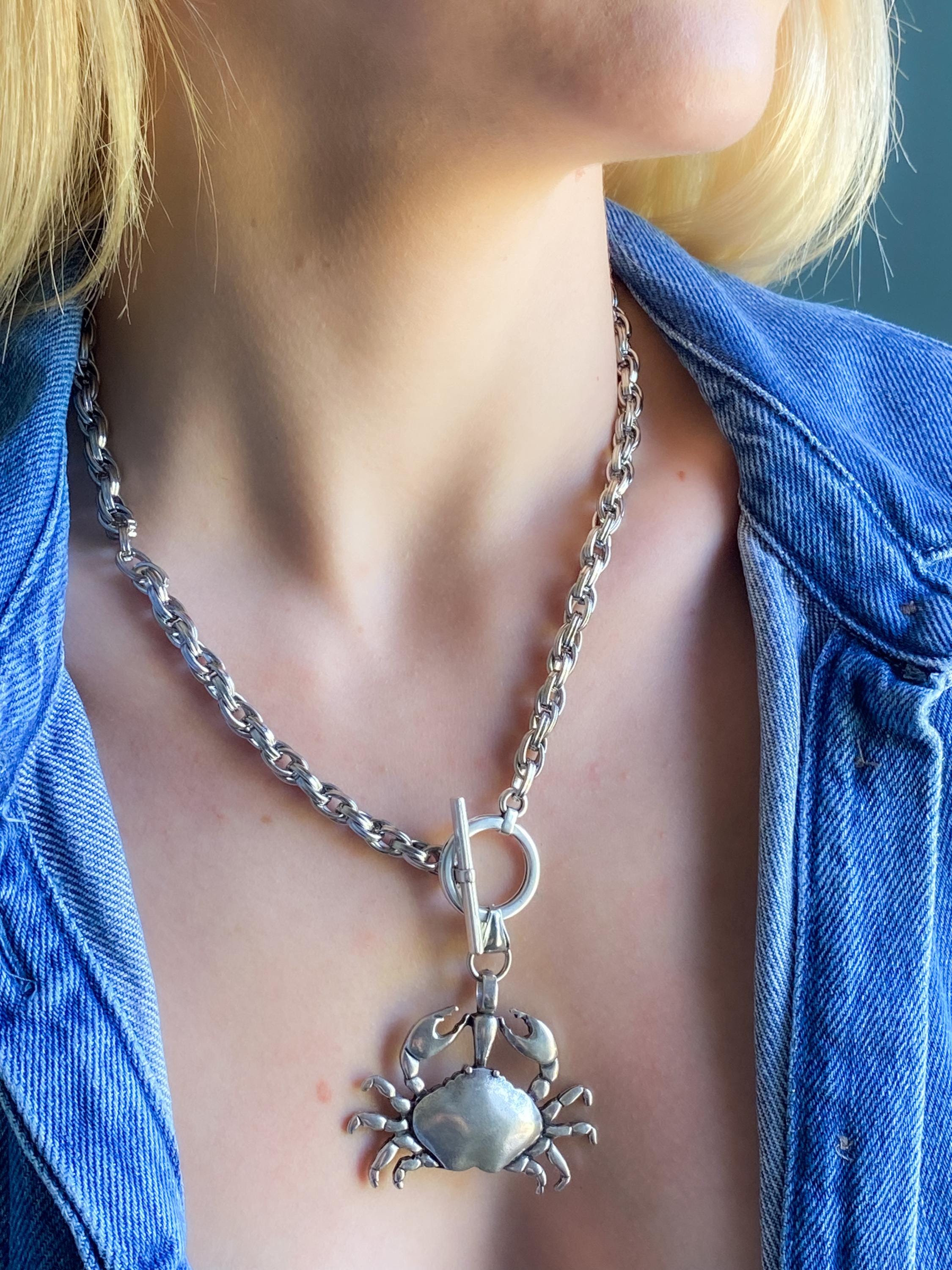Big Crab chunky chain Necklace, Large Silver Crab Pendant, Summer beach toggle necklace, Mermaid core, ONDA