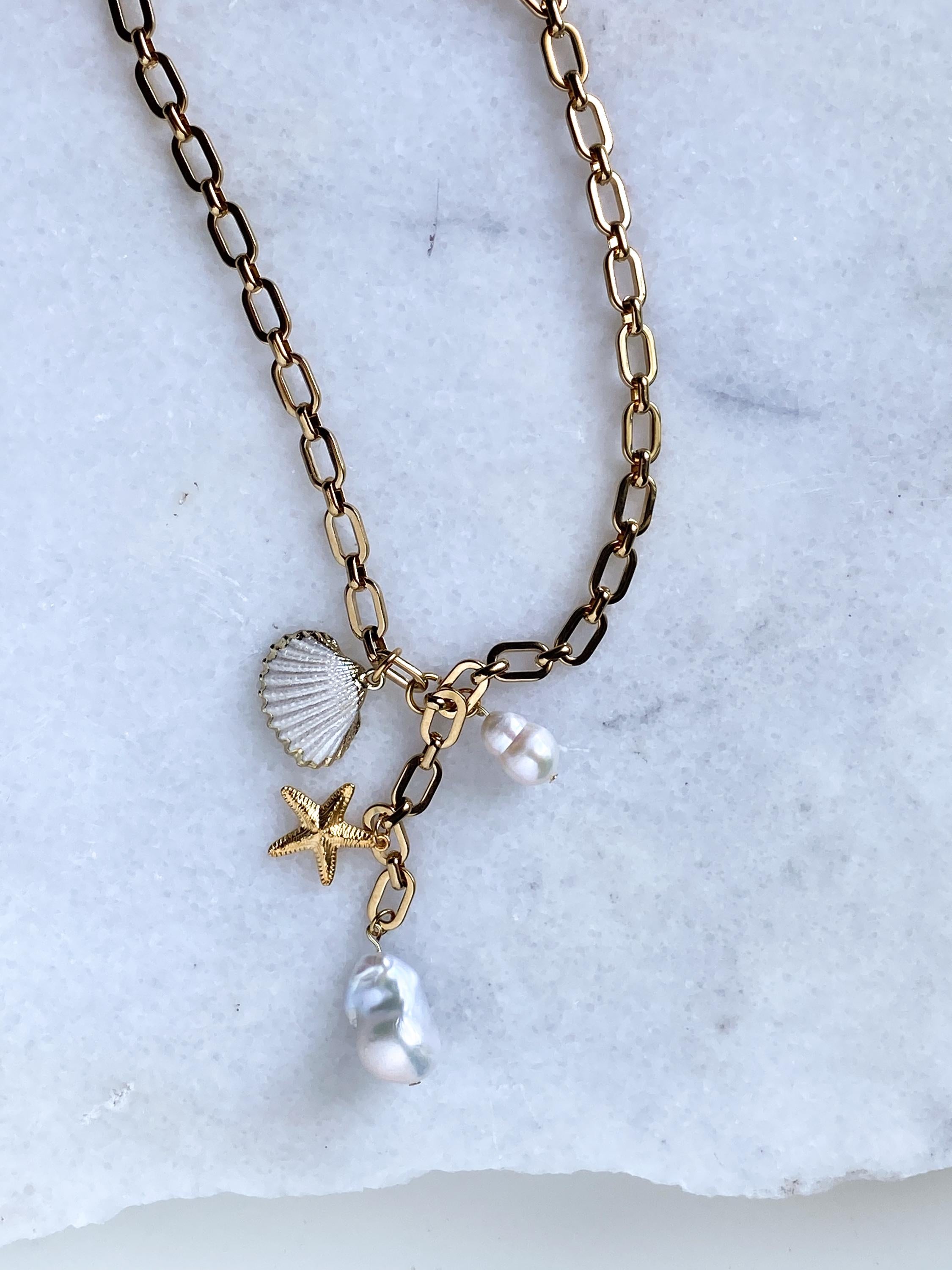 Natural sea shell Necklace, Big baroque pearl charm necklace, Bridal pearl Necklace, Summer wedding Jewelry, Anniversary Gift, NAMI