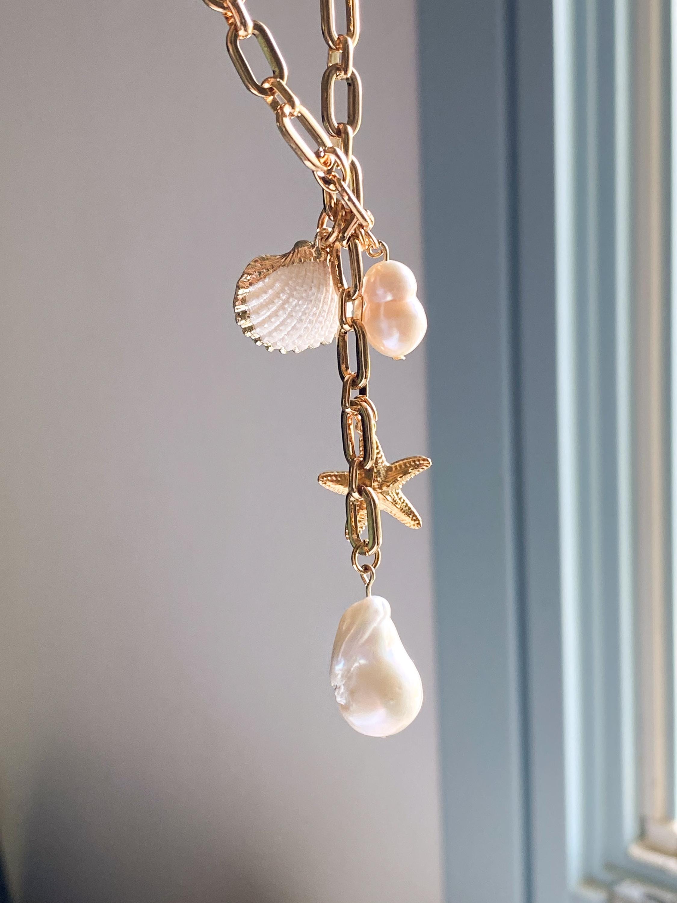 Natural sea shell Necklace, Big baroque pearl charm necklace, Bridal pearl Necklace, Summer wedding Jewelry, Anniversary Gift, NAMI