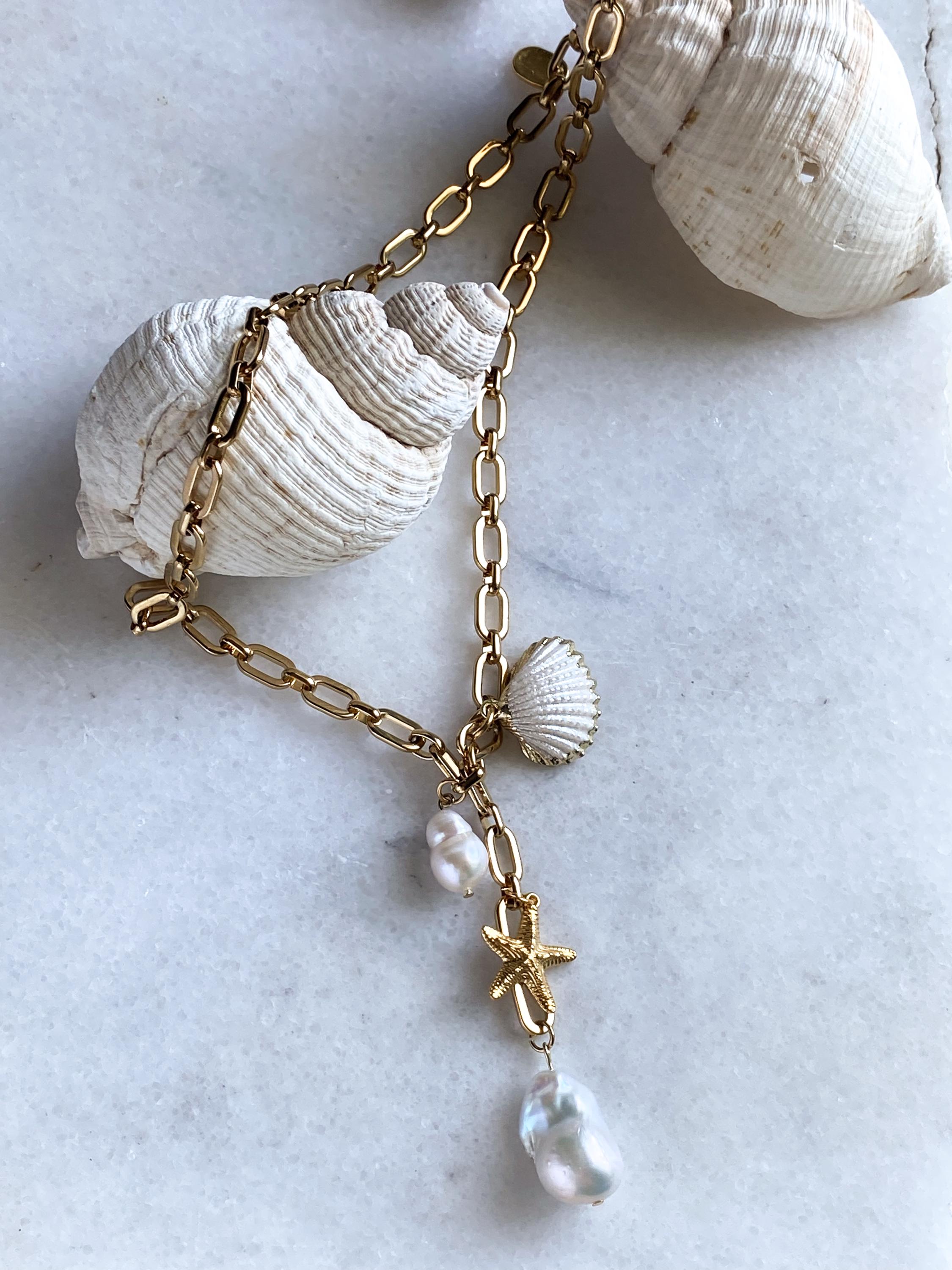 Natural sea shell Necklace, Big baroque pearl charm necklace, Bridal pearl Necklace, Summer wedding Jewelry, Anniversary Gift, NAMI