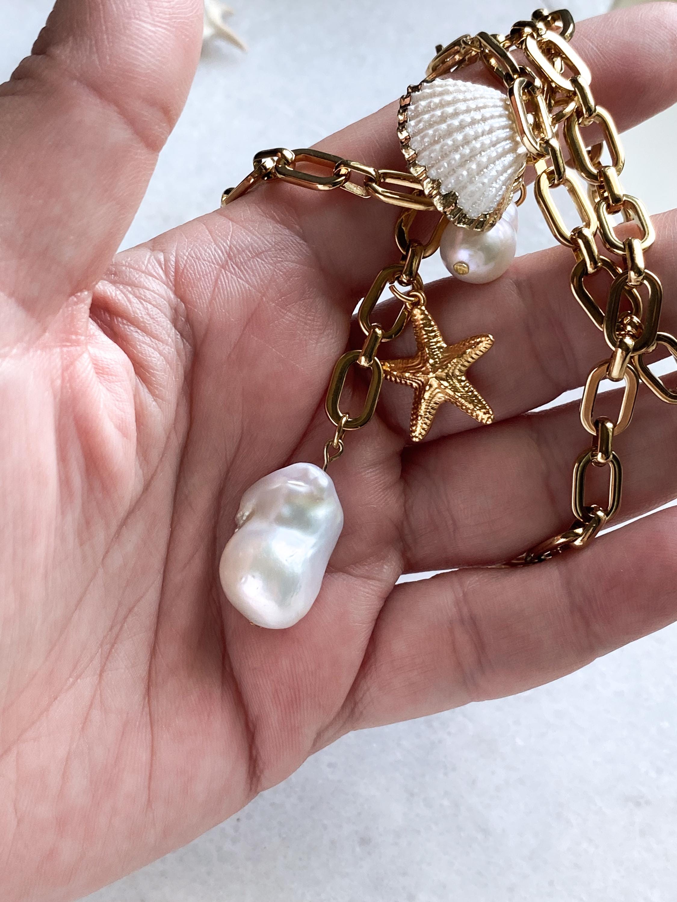Natural sea shell Necklace, Big baroque pearl charm necklace, Bridal pearl Necklace, Summer wedding Jewelry, Anniversary Gift, NAMI