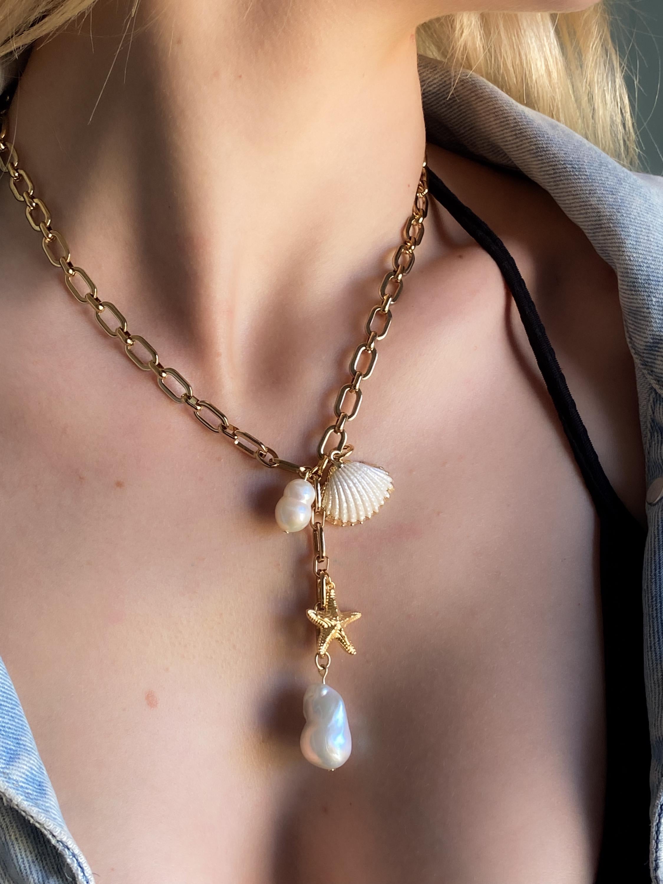 Natural sea shell Necklace, Big baroque pearl charm necklace, Bridal pearl Necklace, Summer wedding Jewelry, Anniversary Gift, NAMI