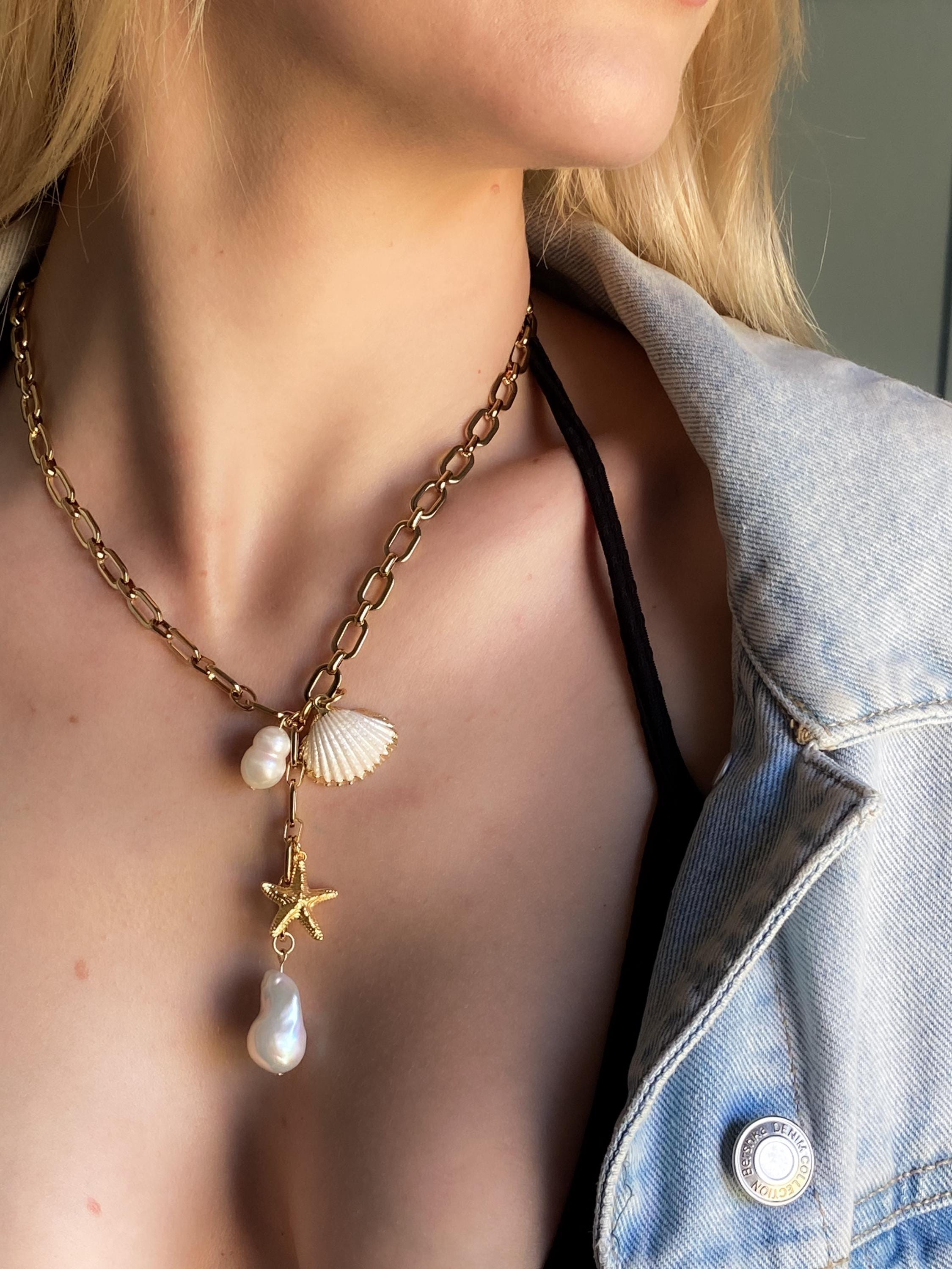 Natural sea shell Necklace, Big baroque pearl charm necklace, Bridal pearl Necklace, Summer wedding Jewelry, Anniversary Gift, NAMI