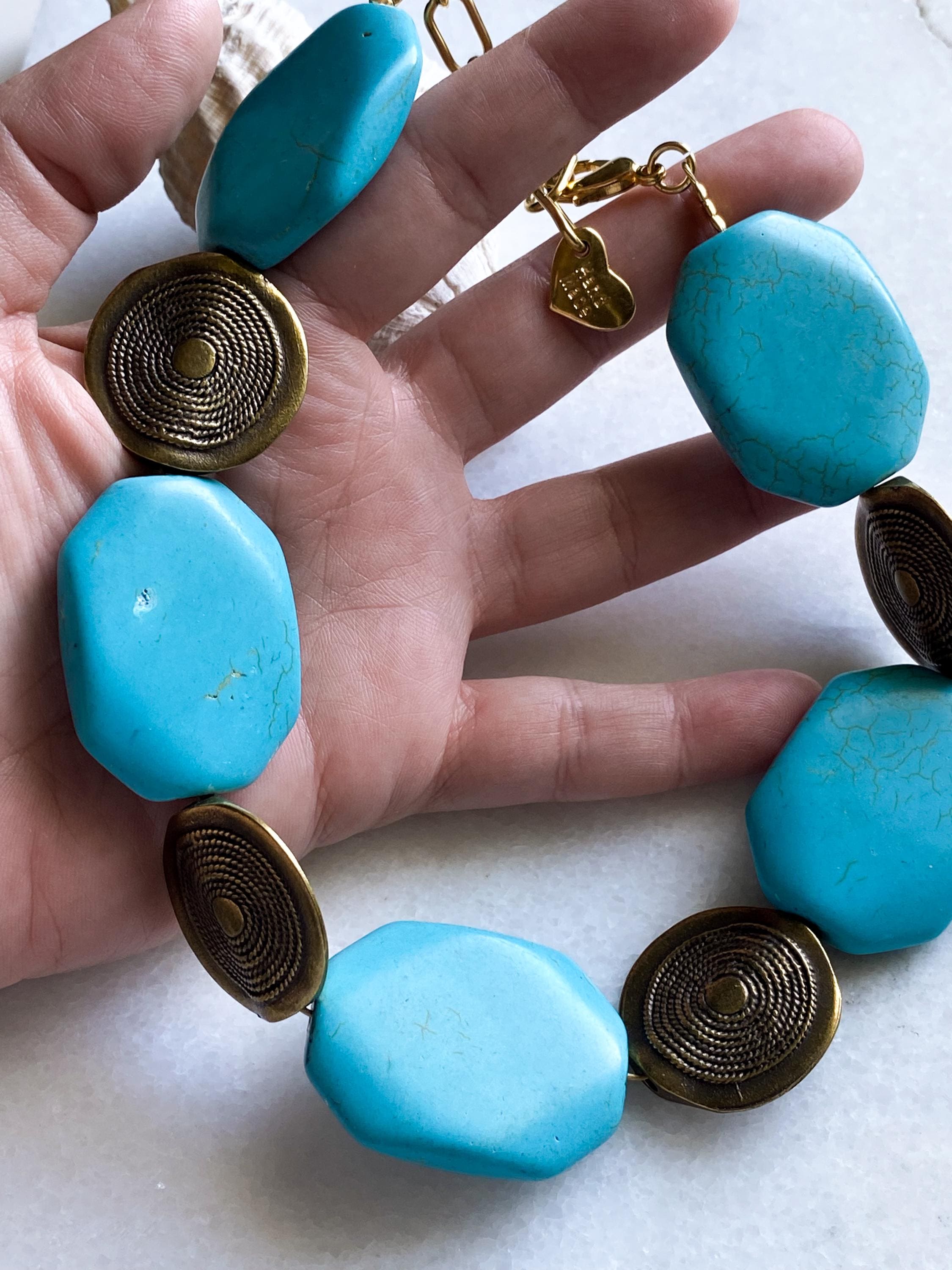 Chunky Turquoise Stone Choker, Oversize Blue beaded Necklace, Summer Choker necklace, Beach Festival Necklace, Birthday Gift for Her, SANDY