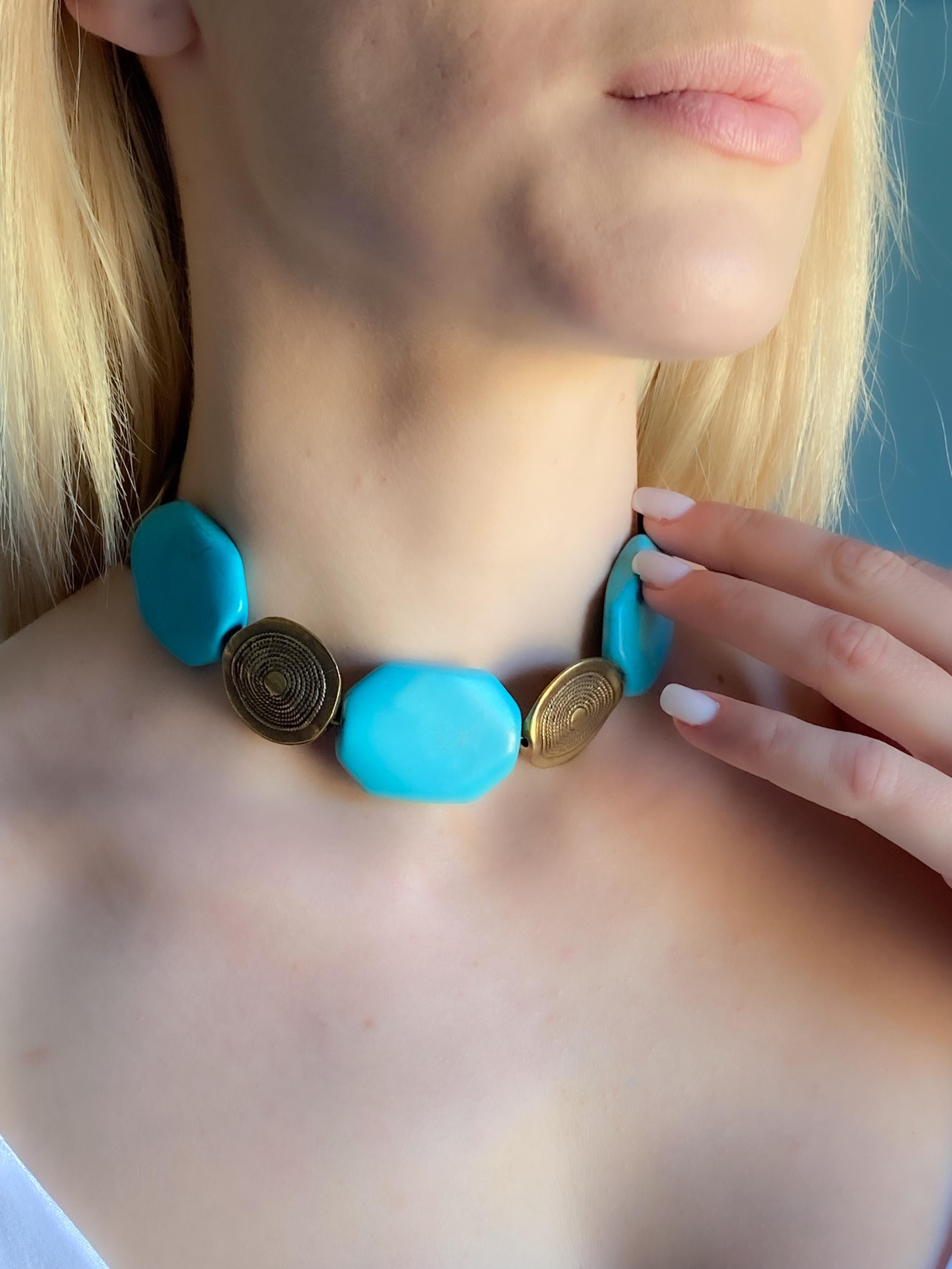 Chunky Turquoise Stone Choker, Oversize Blue beaded Necklace, Summer Choker necklace, Beach Festival Necklace, Birthday Gift for Her, SANDY