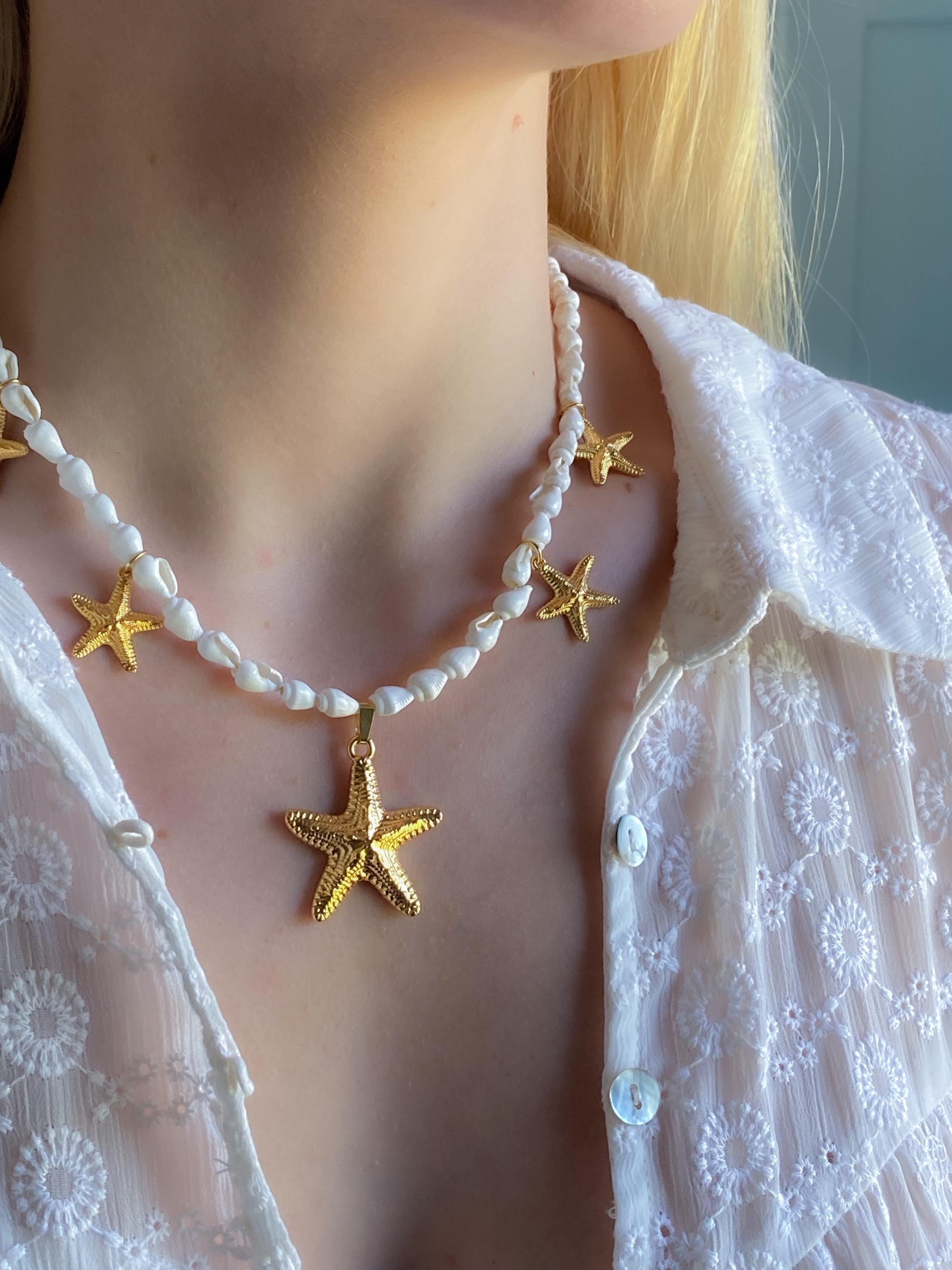 Sea shells Charm Necklace, Gold Starfish Pendant Necklace, Mermaid Summer Necklace, Beach Bridal Jewelry, Girlfriend Gift, STELLA