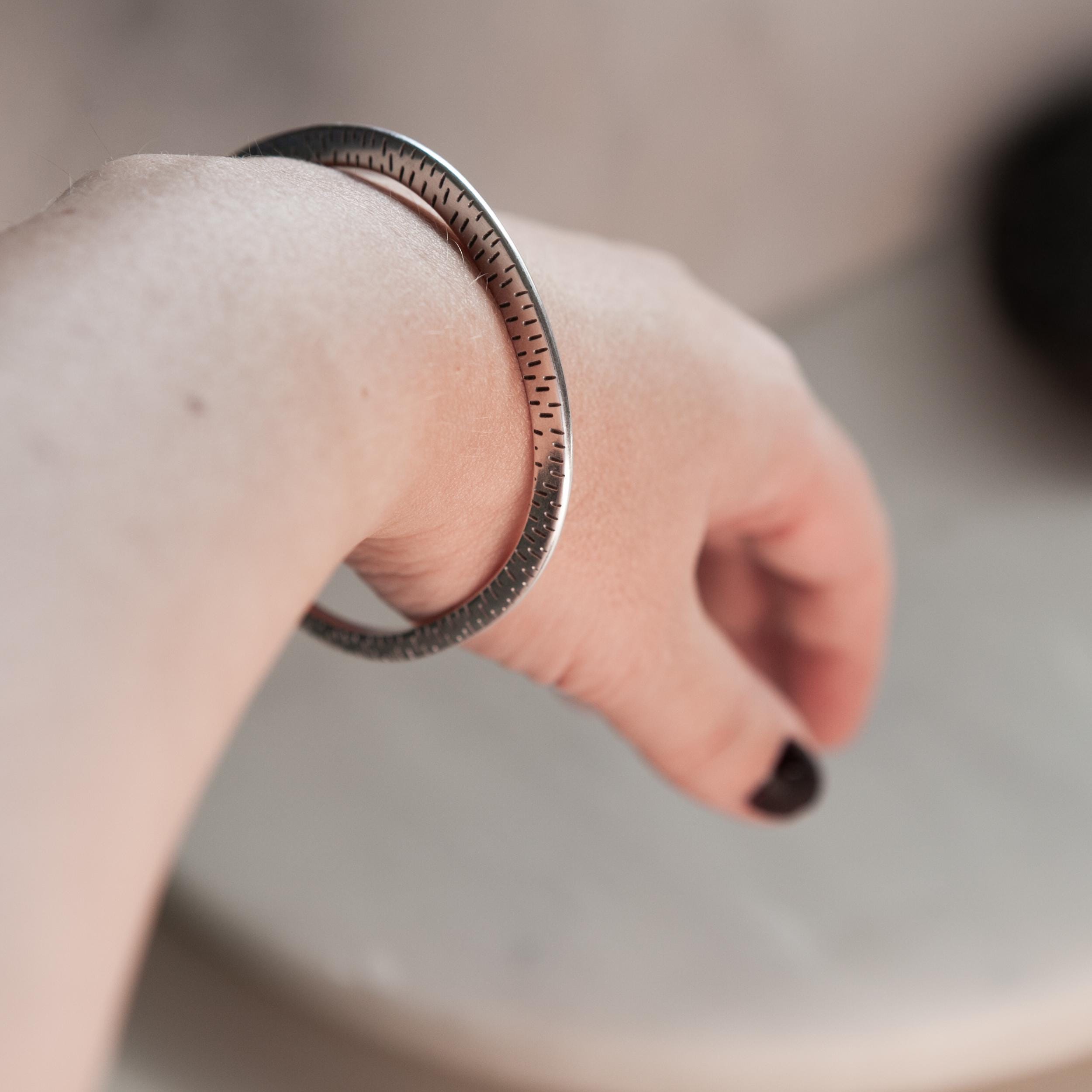 Ethnic Oval Bangle, Organic shape silver Bracelet, Thin flat bracelet, Minimalist Bangle Cuff bracelet, Gift for her, Layered Bracelet, MILA