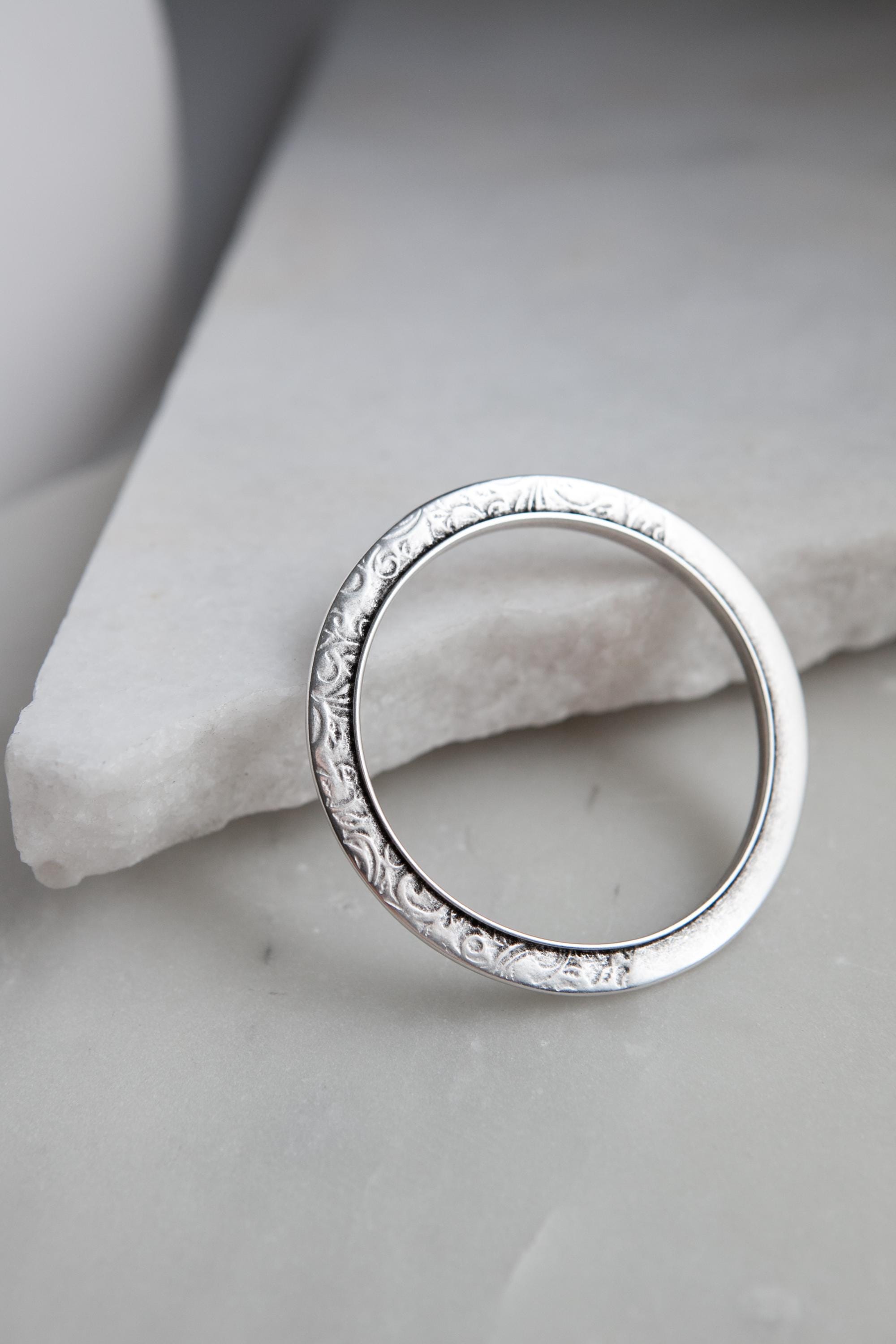 Flower Engraved flat Bangle, Thin Silver Bangle bracelet, Minimalist Bangle Cuff bracelet, Organic Stacking Bracelet, Gift for her, ISABELLA