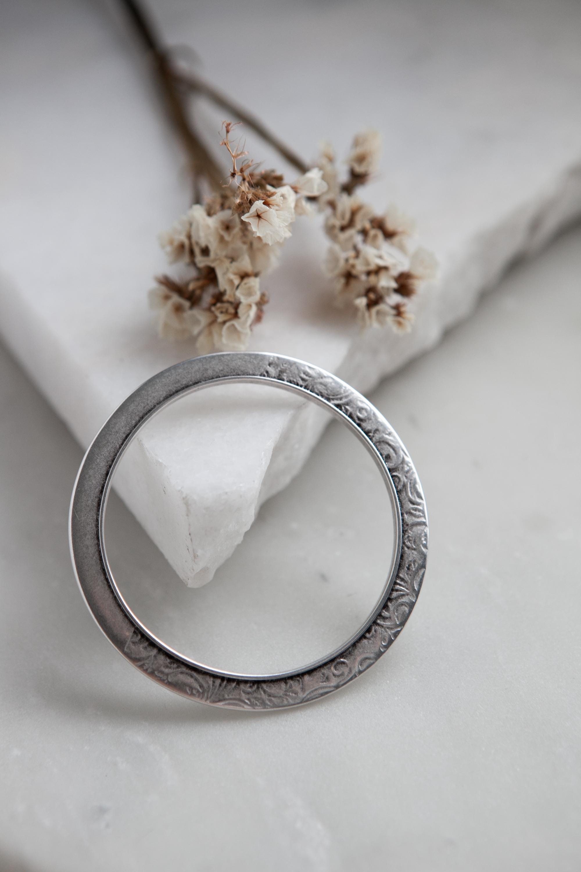 Flower Engraved flat Bangle, Thin Silver Bangle bracelet, Minimalist Bangle Cuff bracelet, Organic Stacking Bracelet, Gift for her, ISABELLA