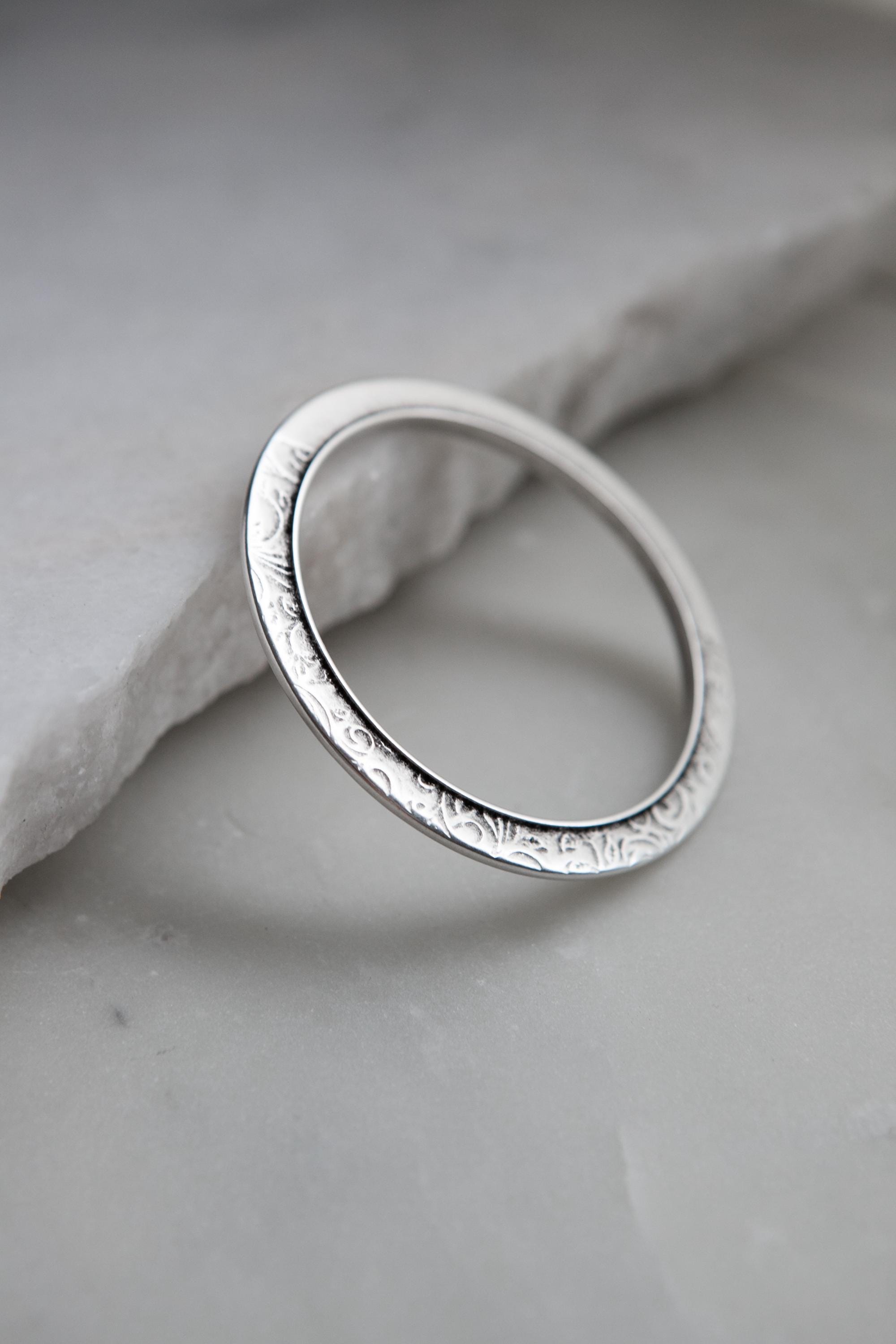 Flower Engraved flat Bangle, Thin Silver Bangle bracelet, Minimalist Bangle Cuff bracelet, Organic Stacking Bracelet, Gift for her, ISABELLA