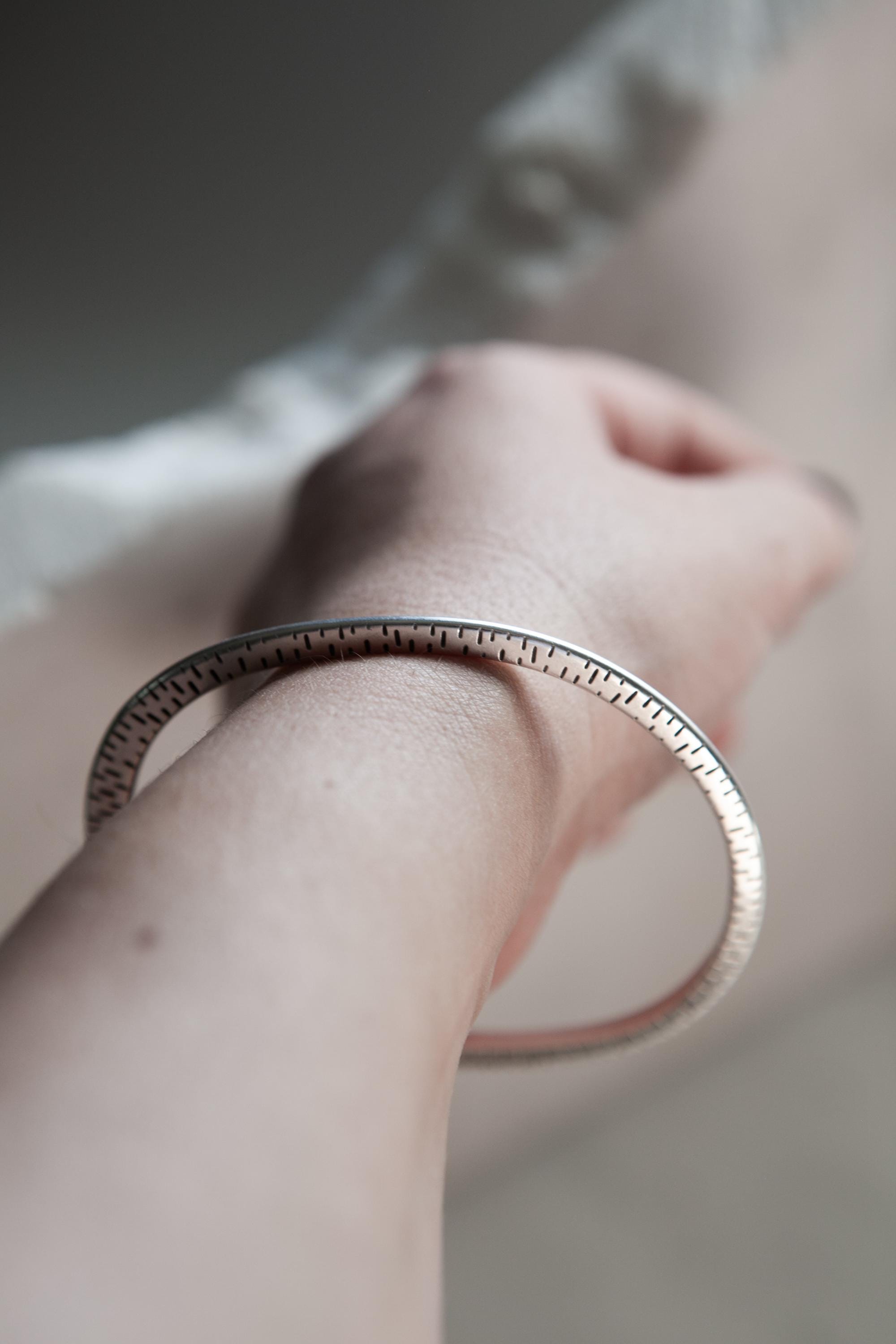 Ethnic Oval Bangle, Organic shape silver Bracelet, Thin flat bracelet, Minimalist Bangle Cuff bracelet, Gift for her, Layered Bracelet, MILA