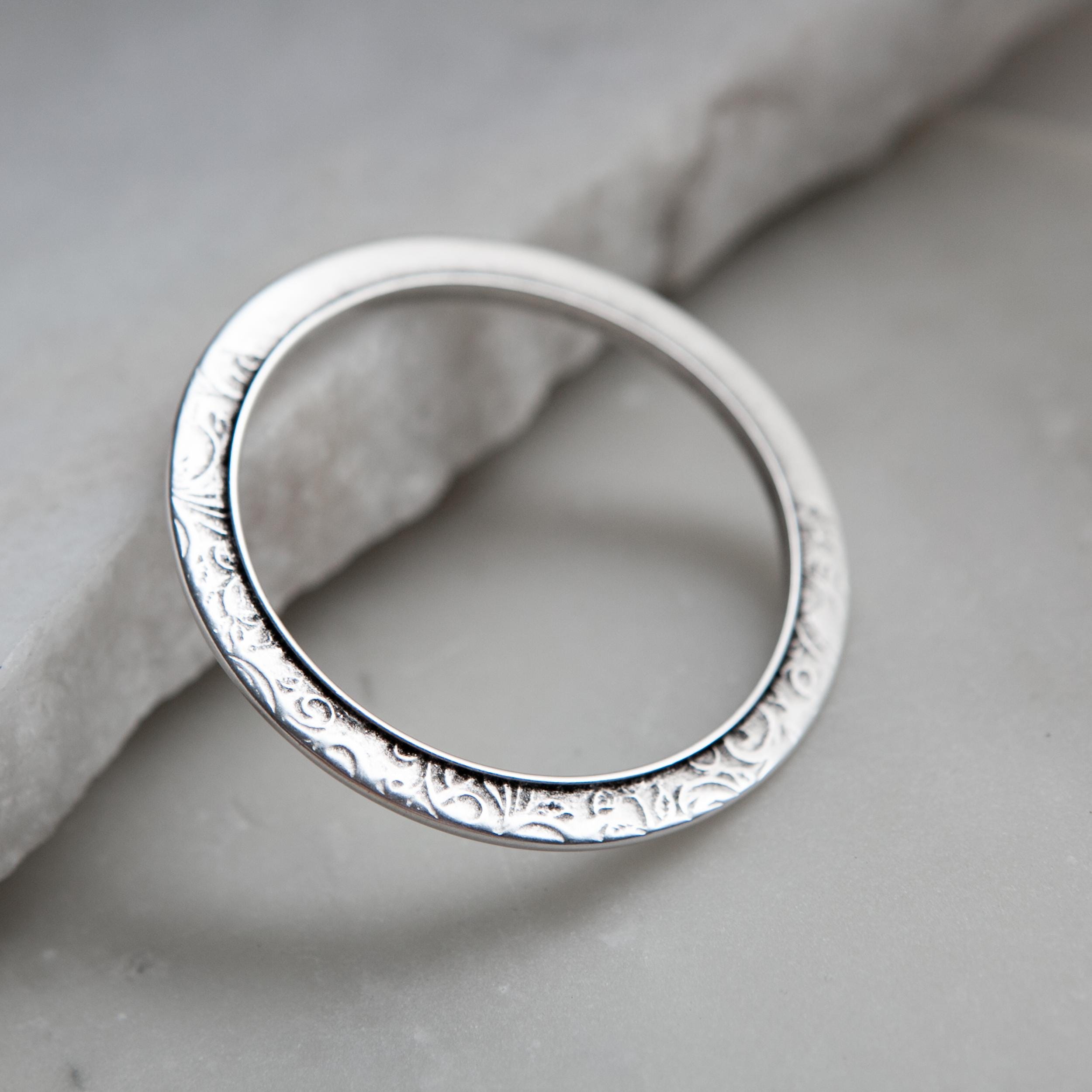 Flower Engraved flat Bangle, Thin Silver Bangle bracelet, Minimalist Bangle Cuff bracelet, Organic Stacking Bracelet, Gift for her, ISABELLA