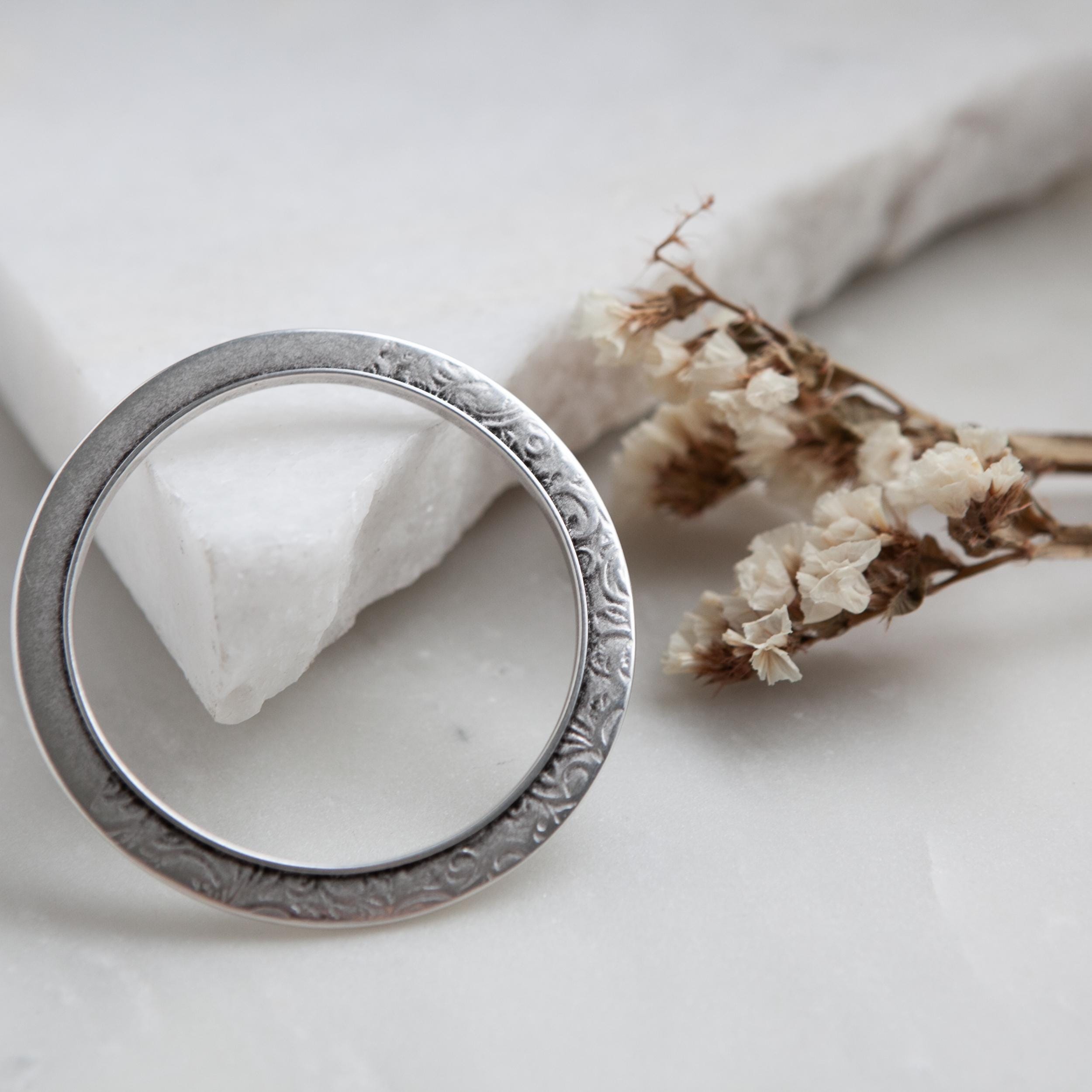 Flower Engraved flat Bangle, Thin Silver Bangle bracelet, Minimalist Bangle Cuff bracelet, Organic Stacking Bracelet, Gift for her, ISABELLA