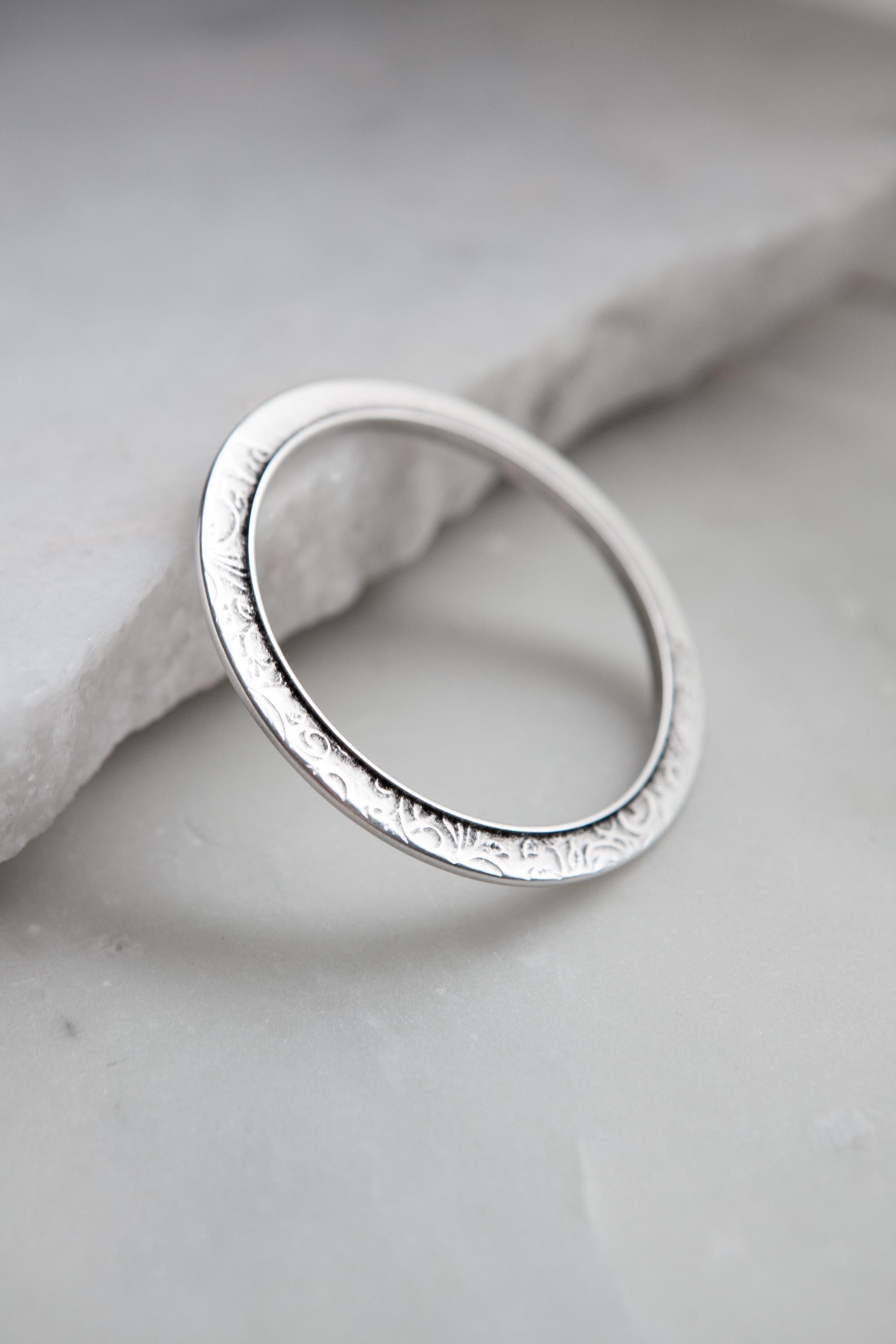 Flower Engraved flat Bangle, Thin Silver Bangle bracelet, Minimalist Bangle Cuff bracelet, Organic Stacking Bracelet, Gift for her, ISABELLA