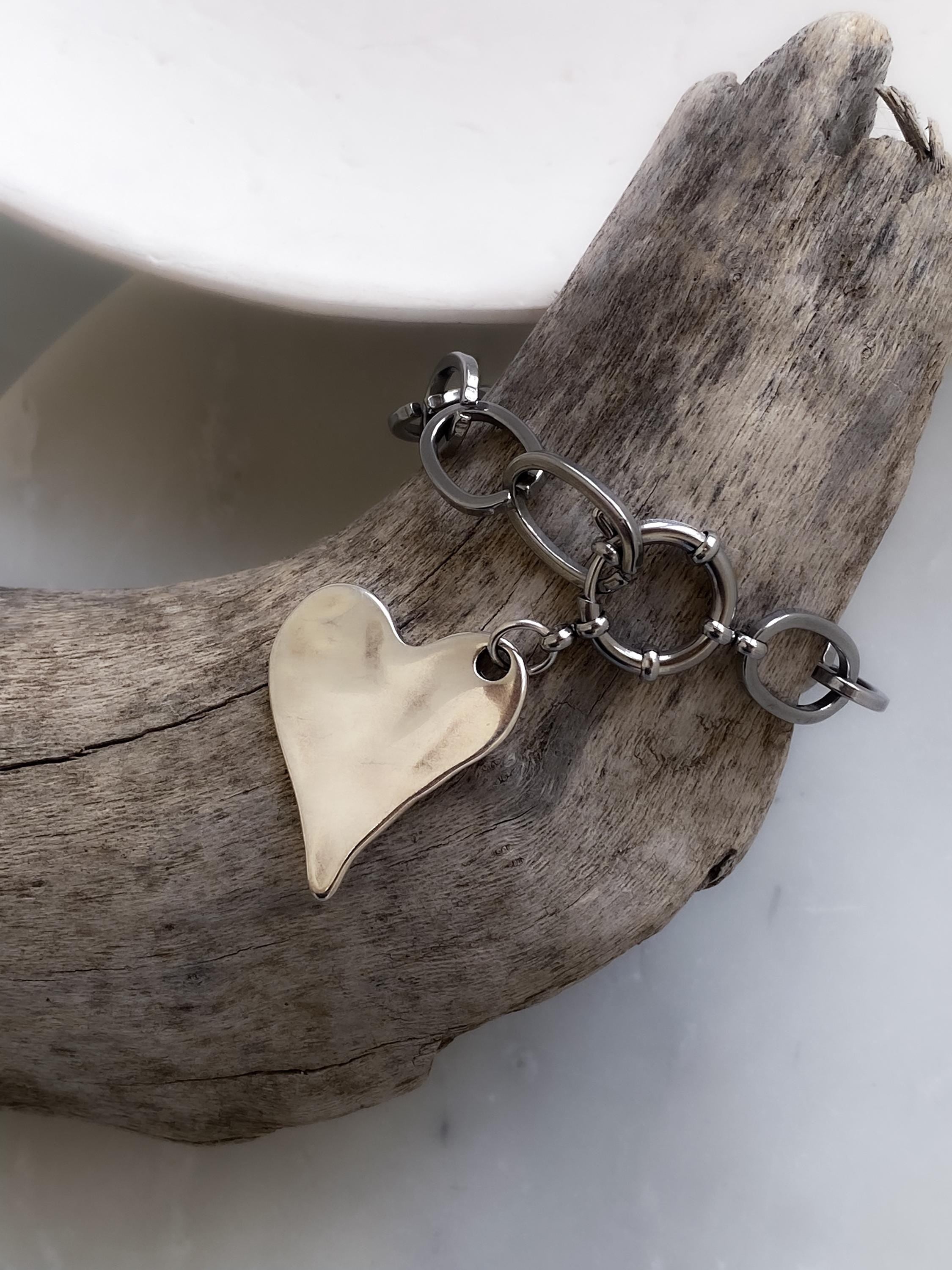 Silver Chunky Chain Bracelet with Heart Charm, Y2K Glam Rock Style, Valentine's Gift, AMOUR