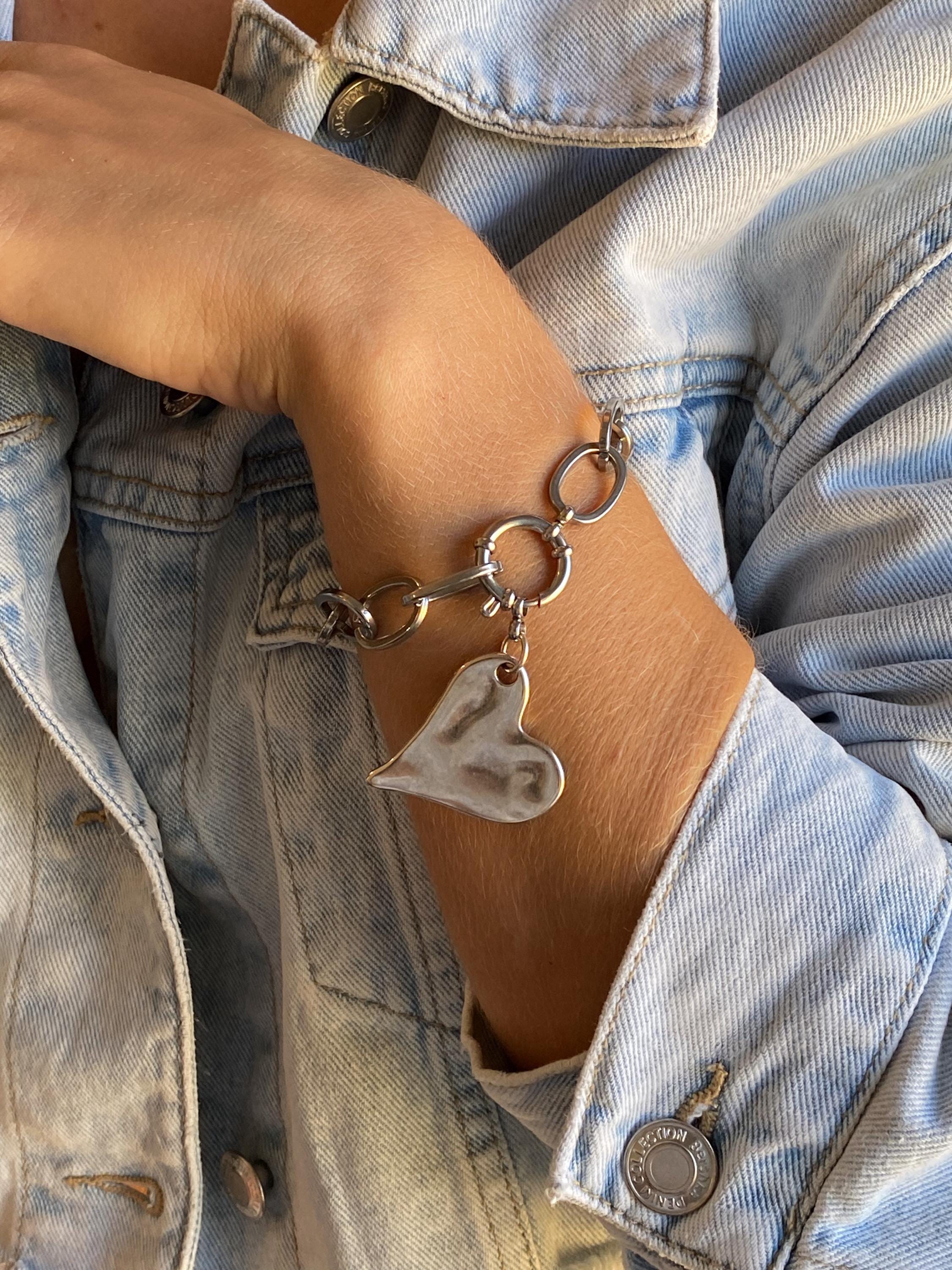 Silver Chunky Chain Bracelet with Heart Charm, Y2K Glam Rock Style, Valentine's Gift, AMOUR