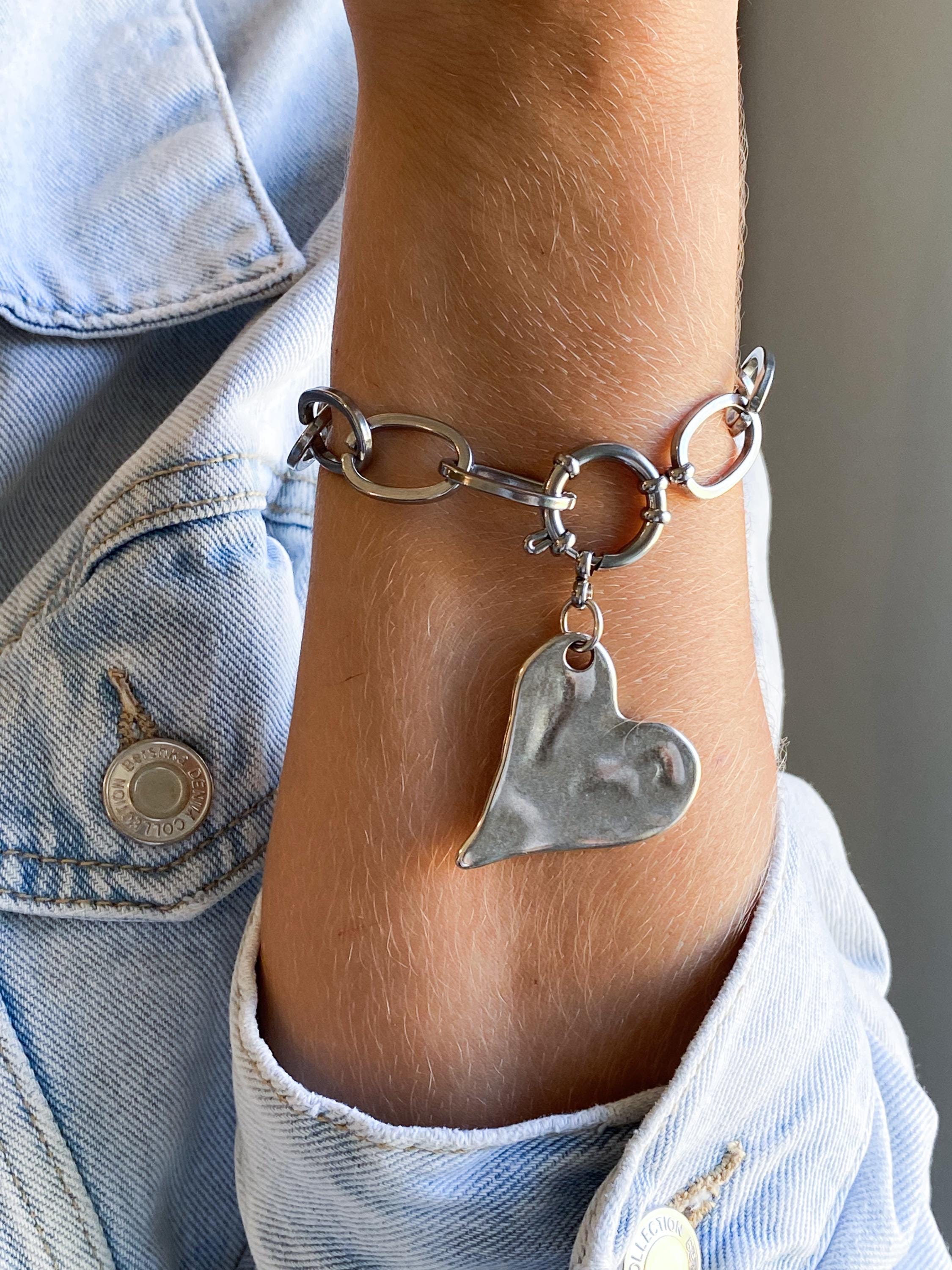Silver Chunky Chain Bracelet with Heart Charm, Y2K Glam Rock Style, Valentine's Gift, AMOUR