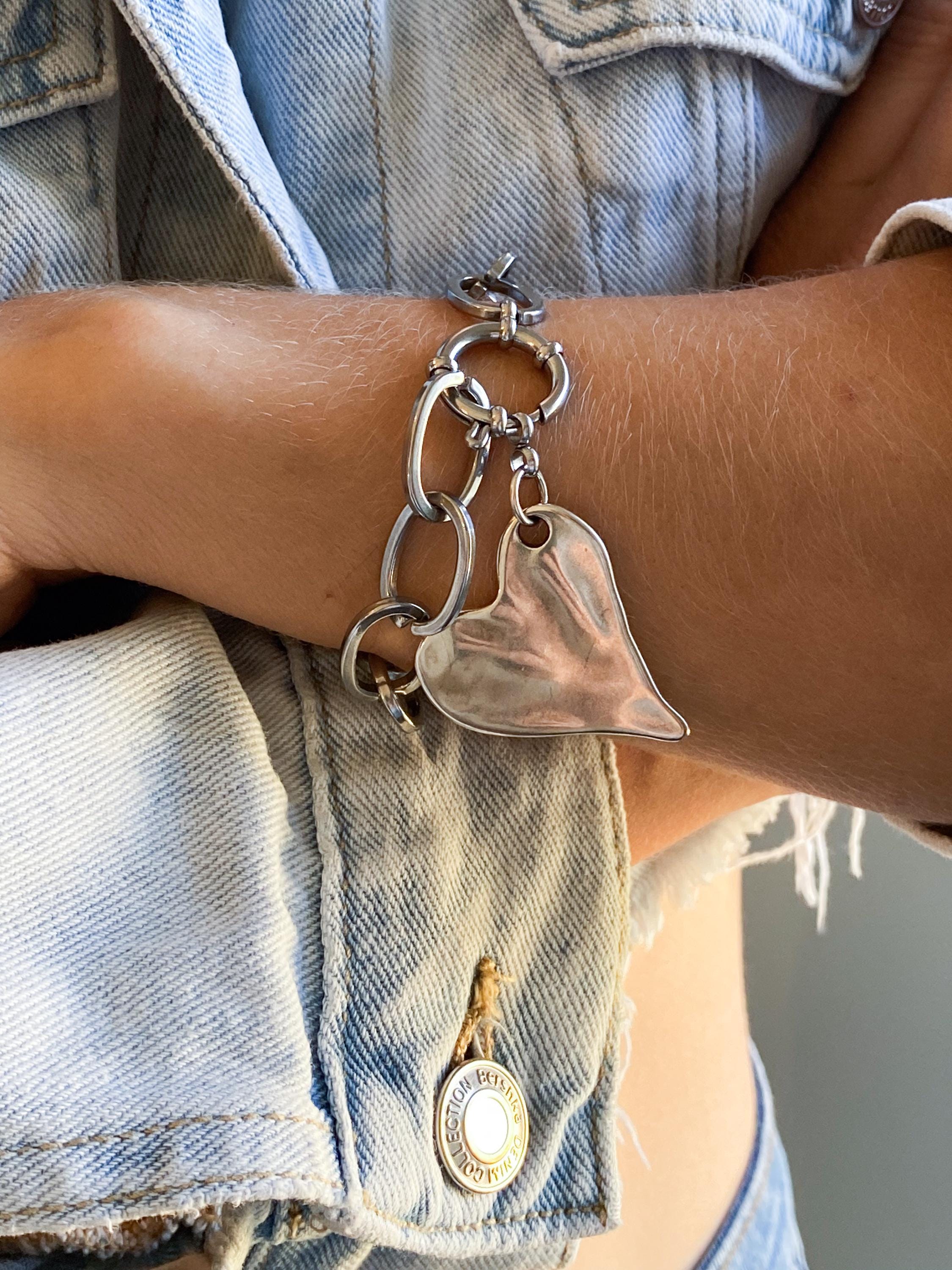 Silver Chunky Chain Bracelet with Heart Charm, Y2K Glam Rock Style, Valentine's Gift, AMOUR