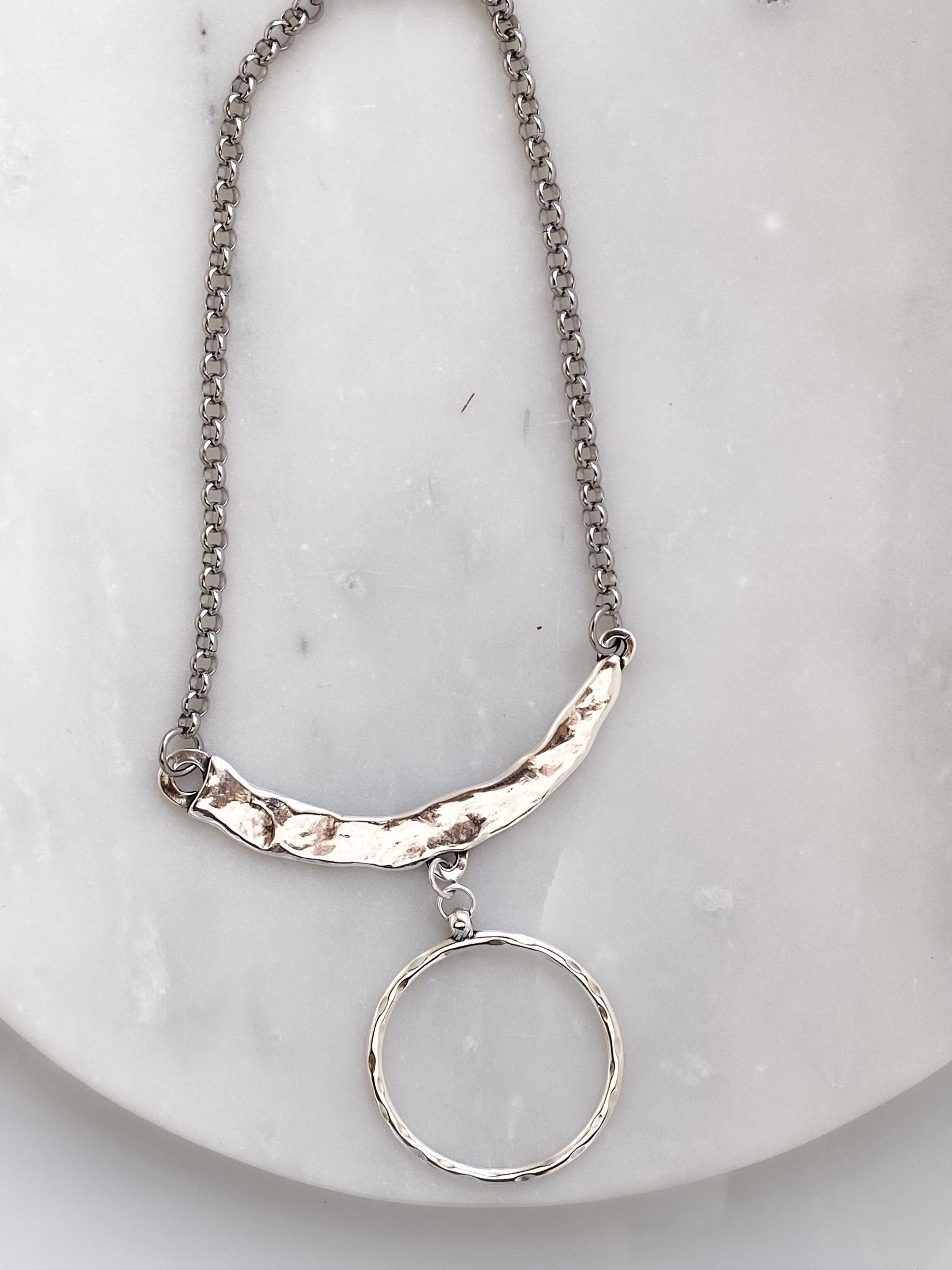 Silver Chunky Chain Necklace, Large O Ring Pendant Necklace, Organic Hammered collar, Modern Rock style, OTTO