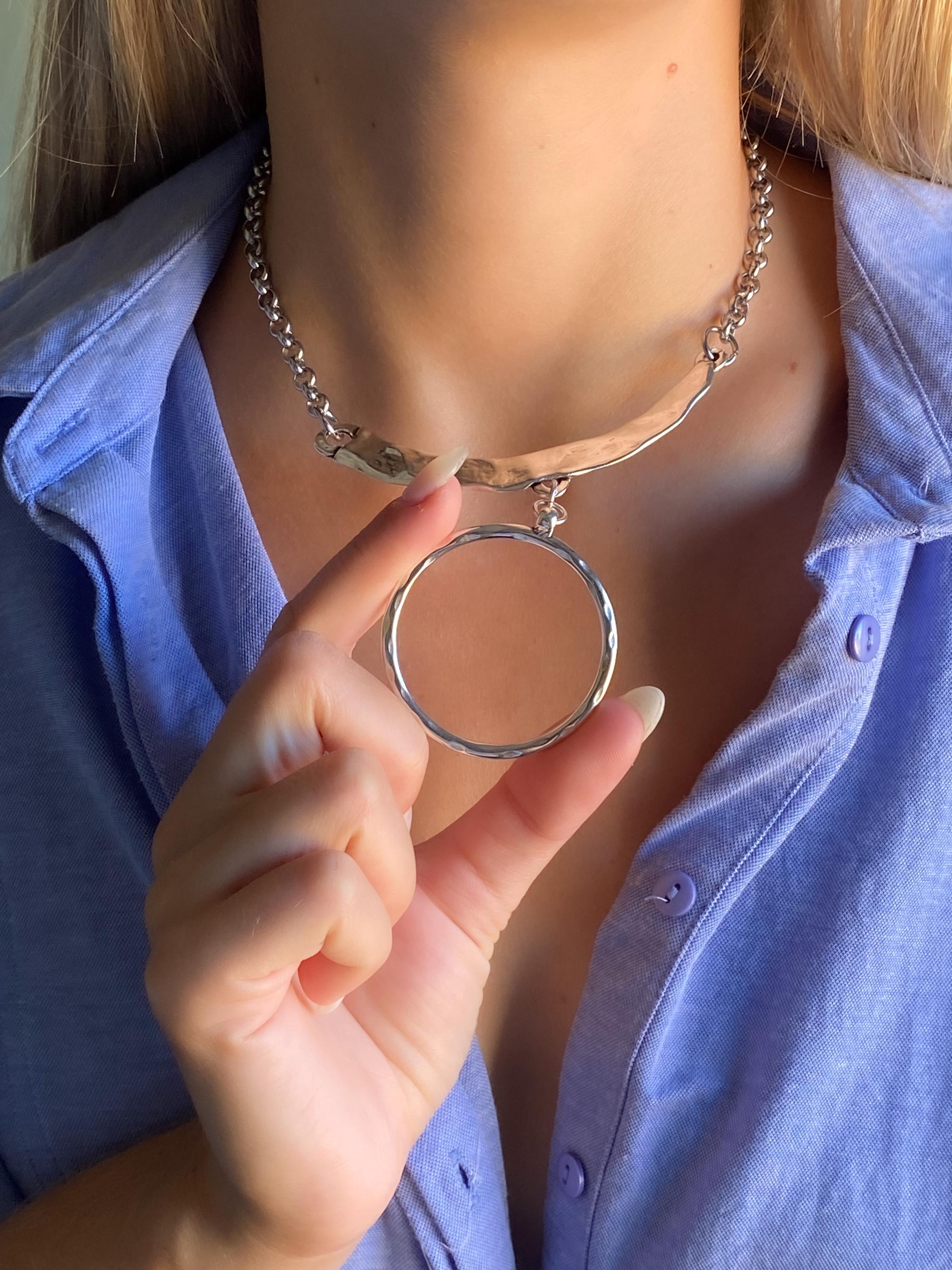 Silver Chunky Chain Necklace, Large O Ring Pendant Necklace, Organic Hammered collar, Modern Rock style, OTTO