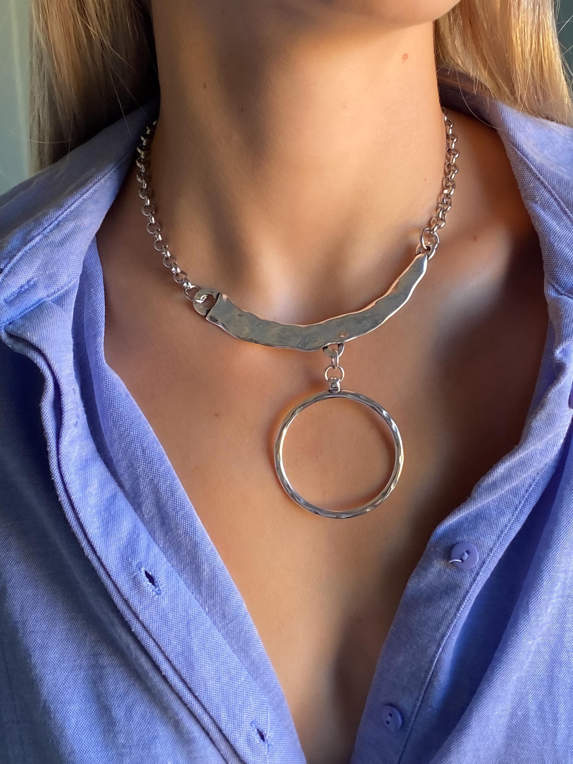 Silver Chunky Chain Necklace, Large O Ring Pendant Necklace, Organic Hammered collar, Modern Rock style, OTTO