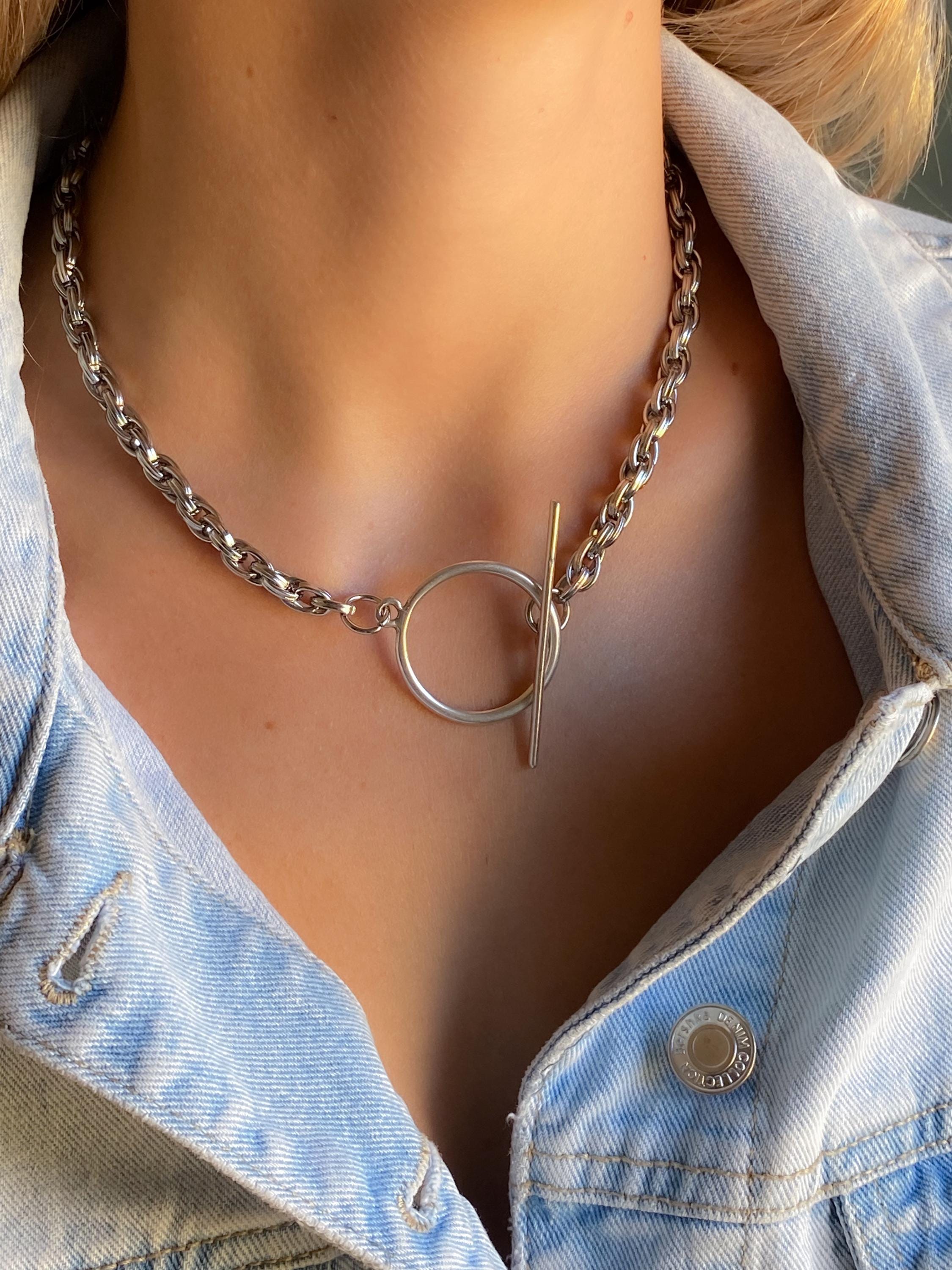 Silver Chunky Necklace, Big Toggle Chain Necklace, Oversize Toggle Clasp Choker, Industrial Style, MADI