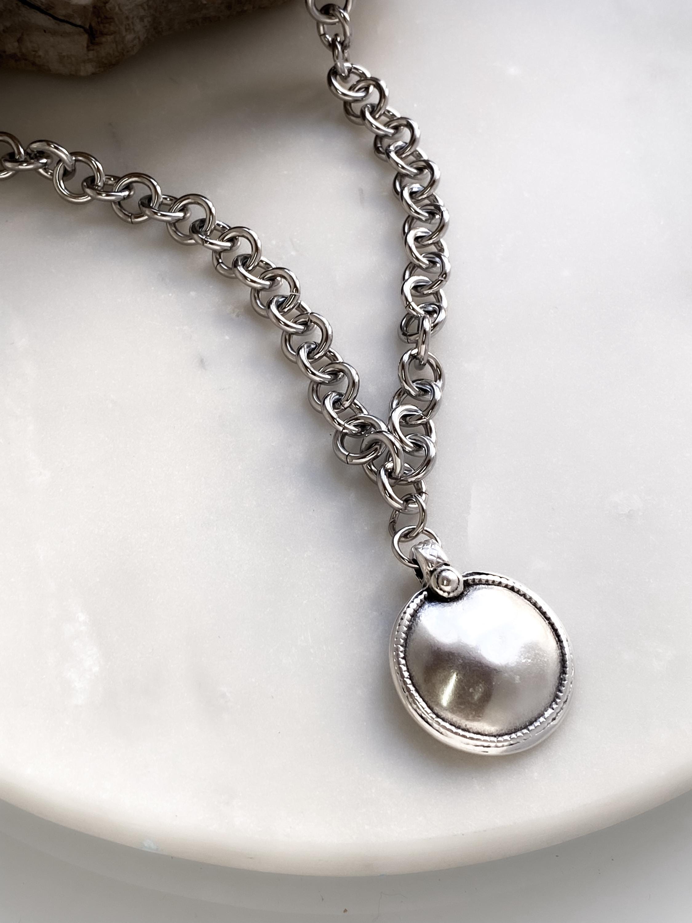 Long Chunky Chain Necklace, Ancient Large Silver Round Pendant, Antique Style Jewelry, GIO