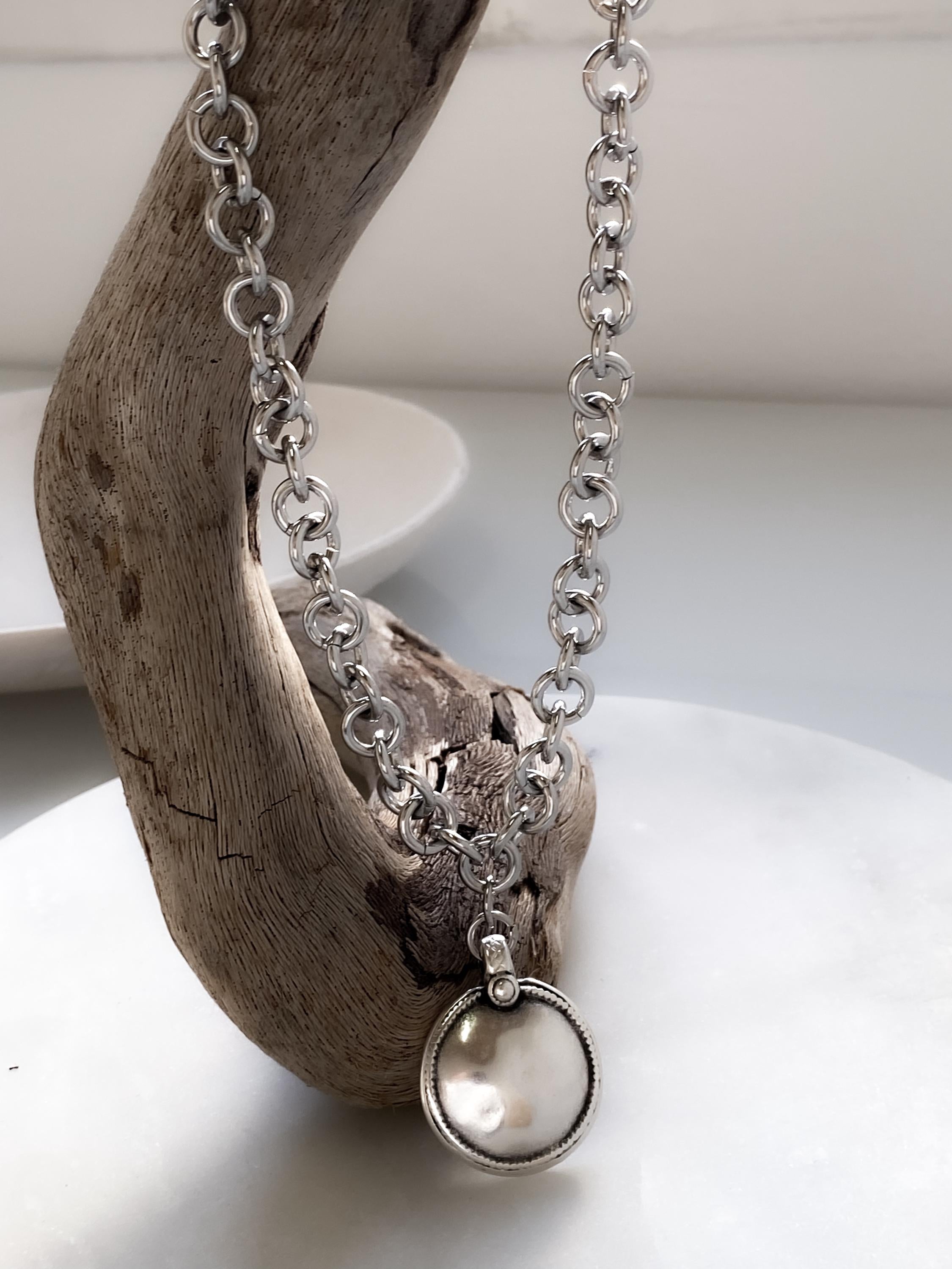 Long Chunky Chain Necklace, Ancient Large Silver Round Pendant, Antique Style Jewelry, GIO
