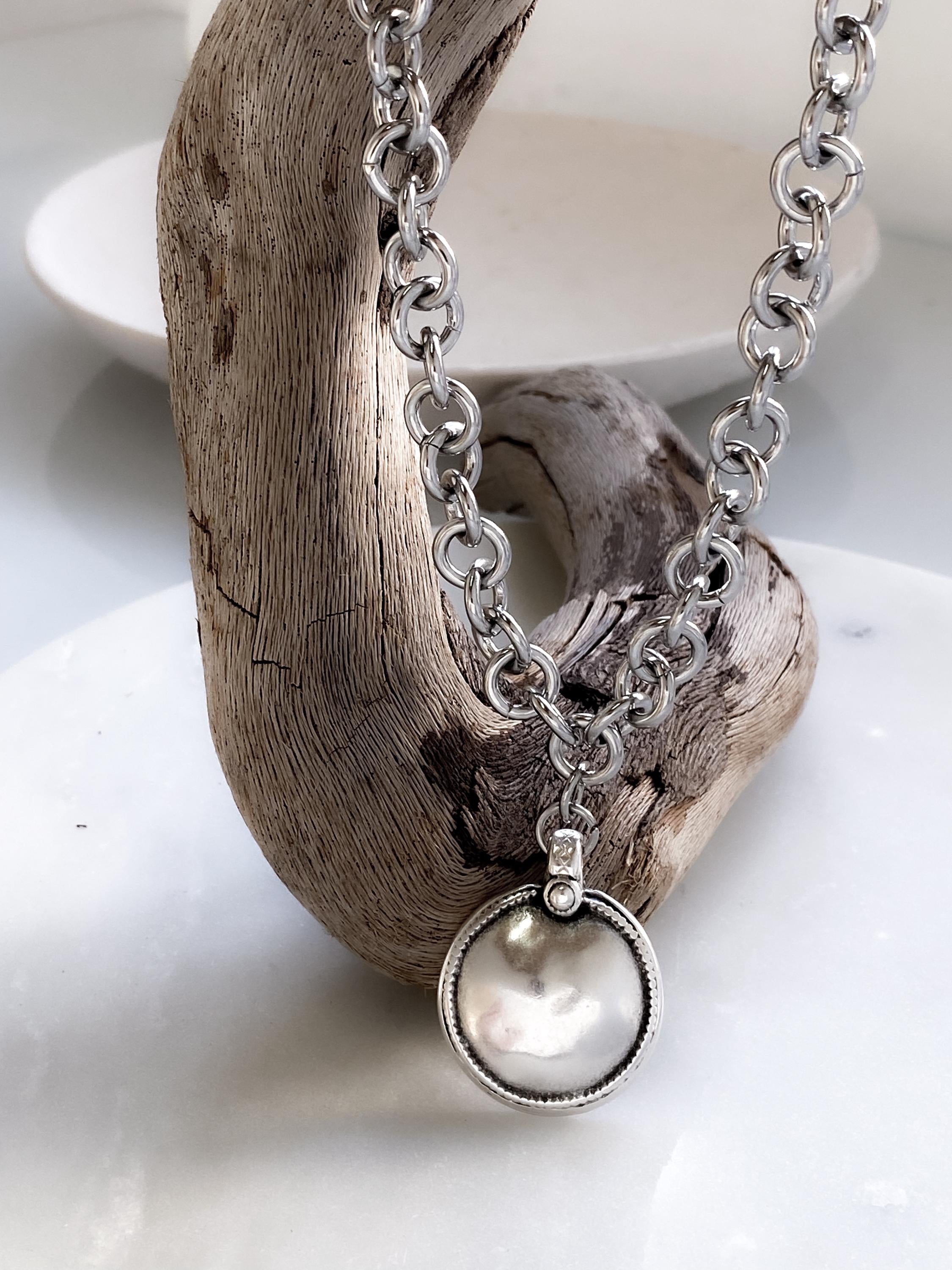 Long Chunky Chain Necklace, Ancient Large Silver Round Pendant, Antique Style Jewelry, GIO