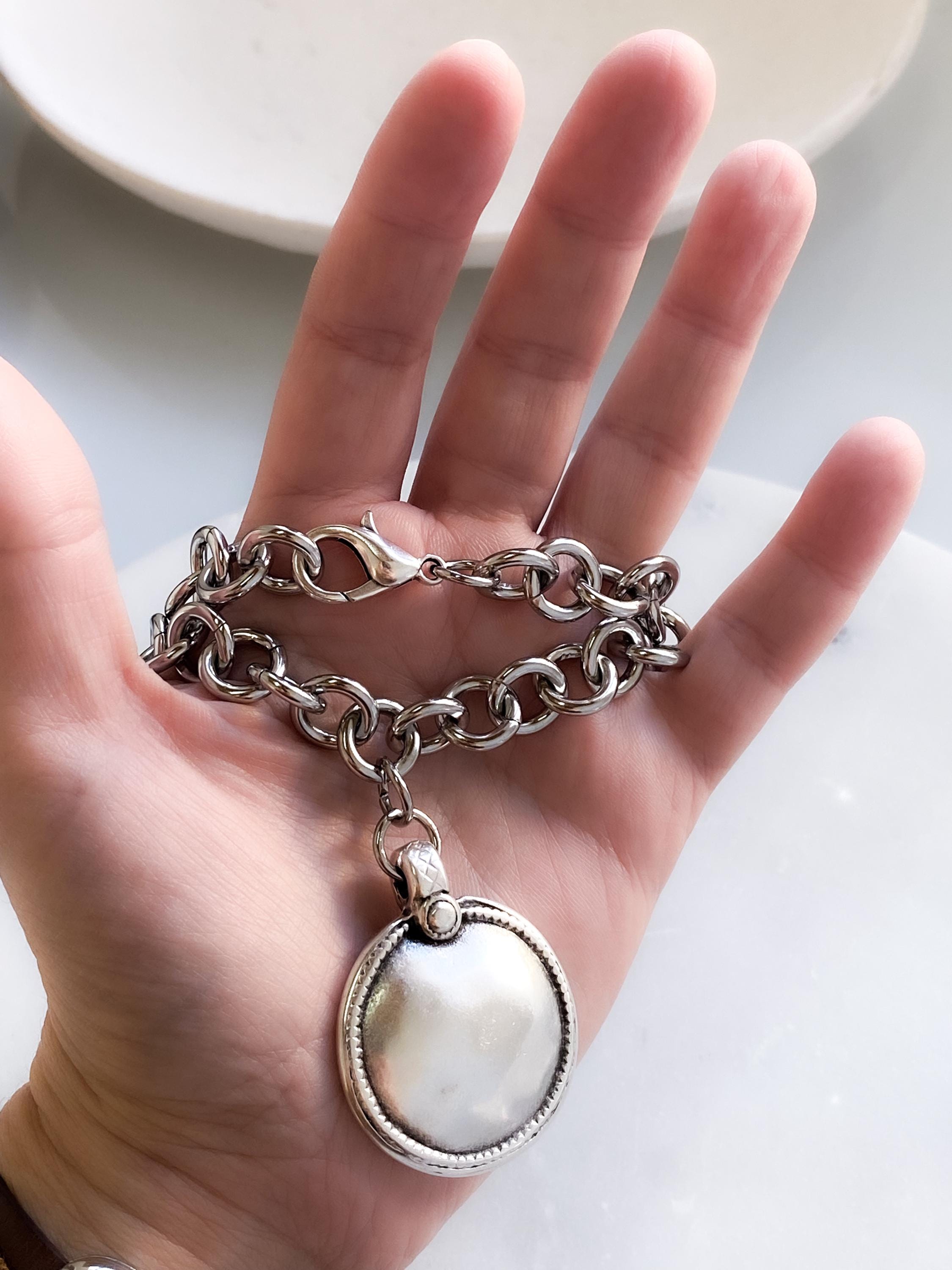 Long Chunky Chain Necklace, Ancient Large Silver Round Pendant, Antique Style Jewelry, GIO