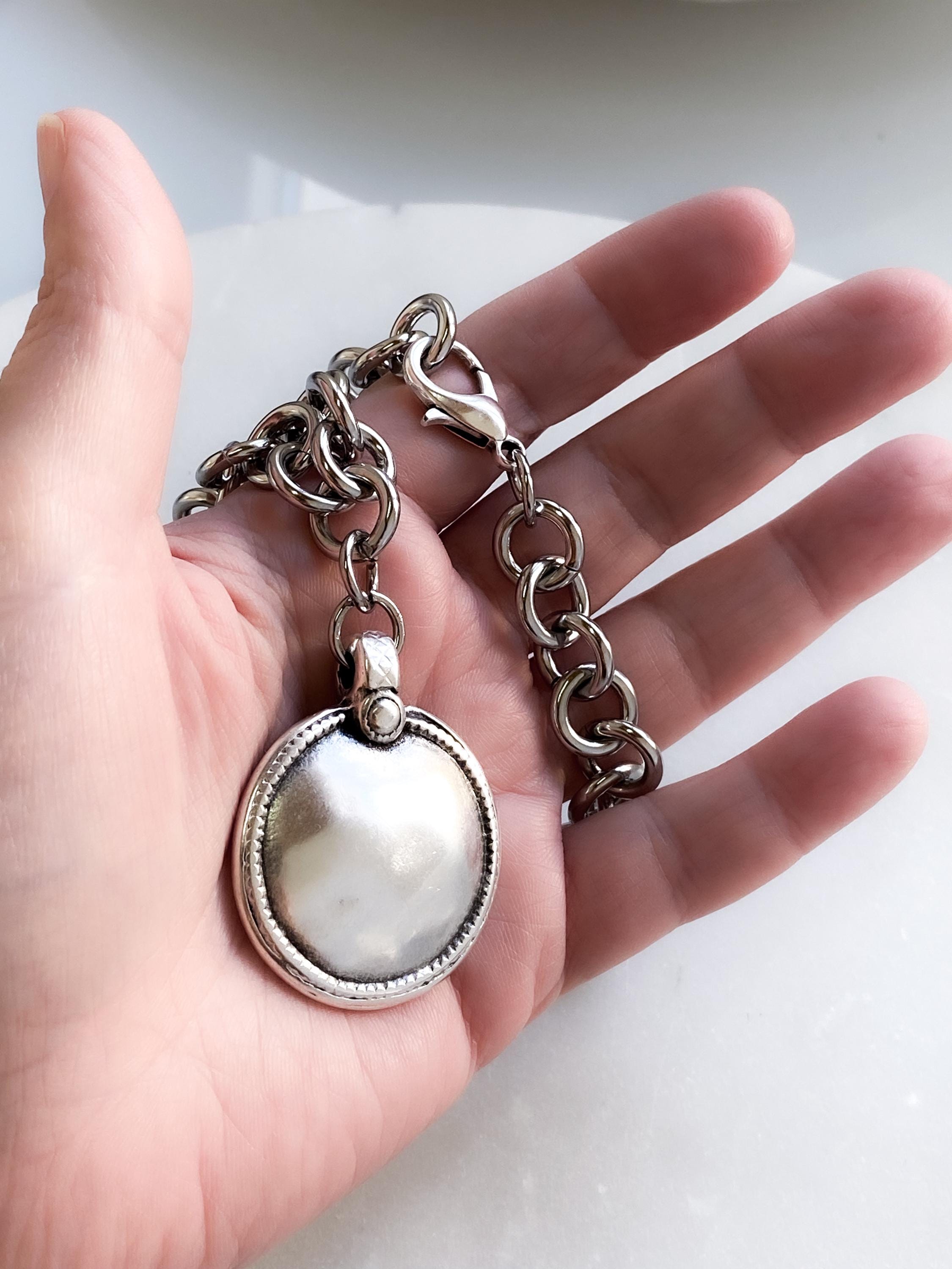 Long Chunky Chain Necklace, Ancient Large Silver Round Pendant, Antique Style Jewelry, GIO