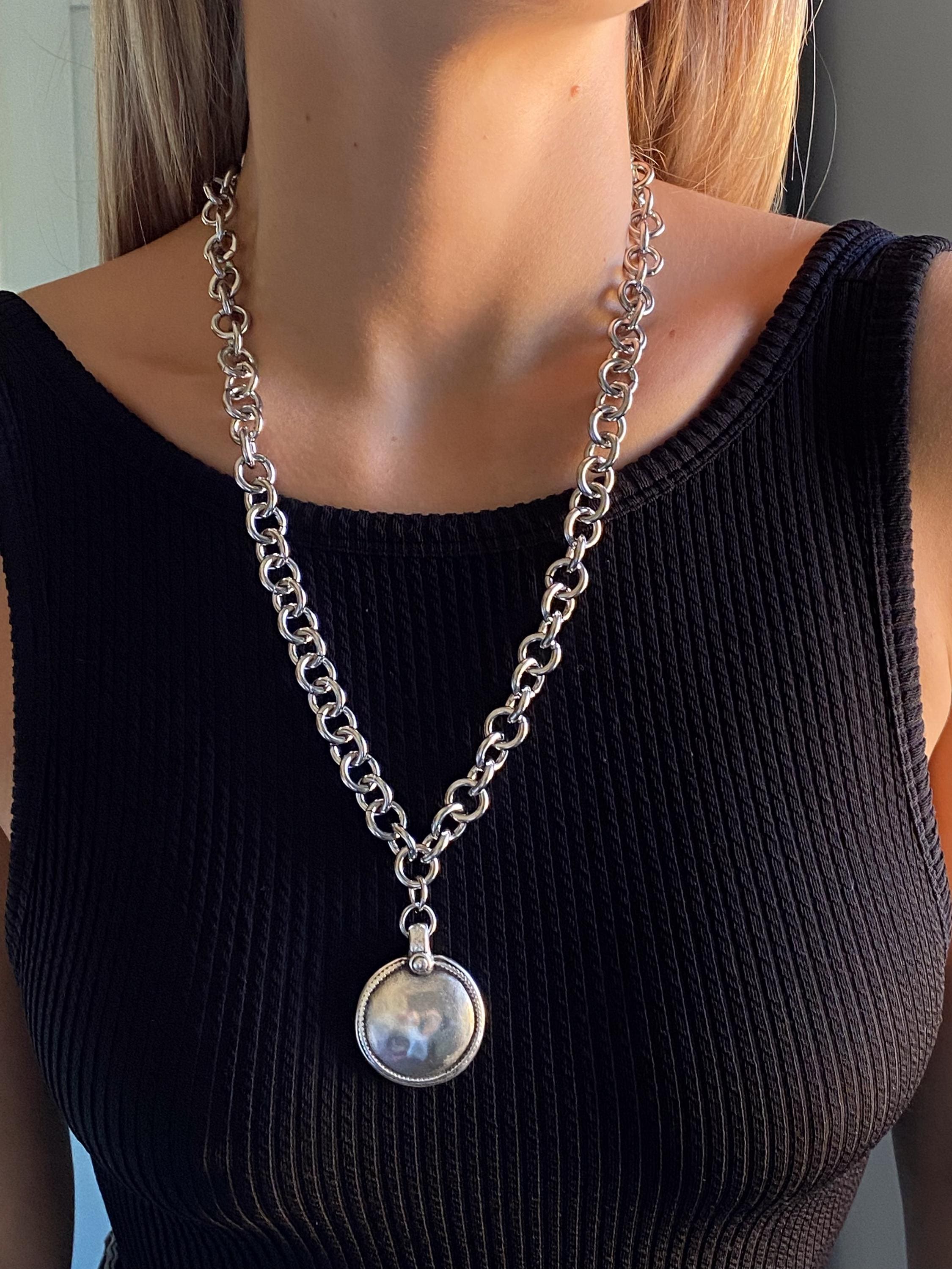 Long Chunky Chain Necklace, Ancient Large Silver Round Pendant, Antique Style Jewelry, GIO