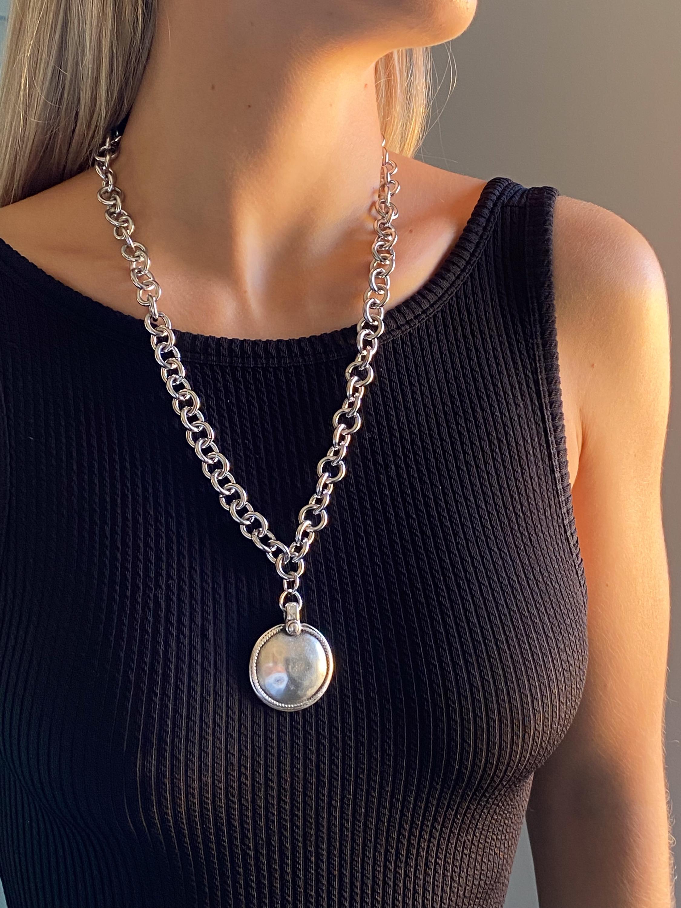 Long Chunky Chain Necklace, Ancient Large Silver Round Pendant, Antique Style Jewelry, GIO