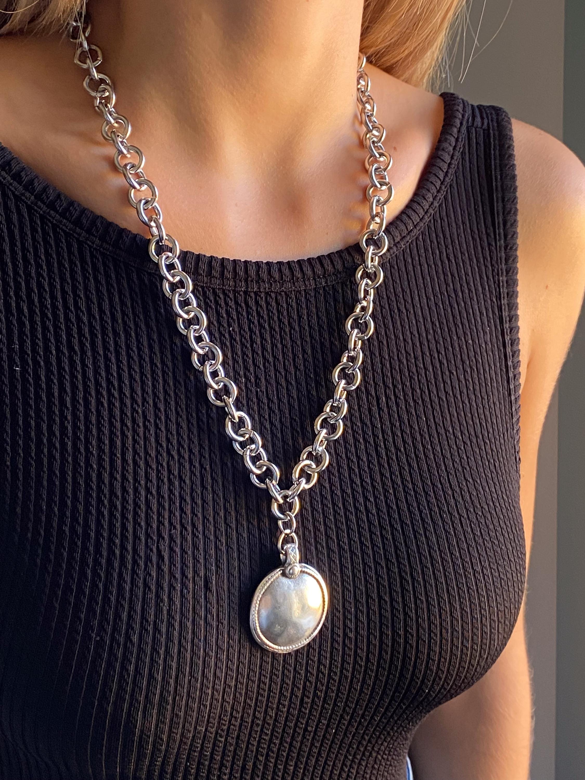 Long Chunky Chain Necklace, Ancient Large Silver Round Pendant, Antique Style Jewelry, GIO