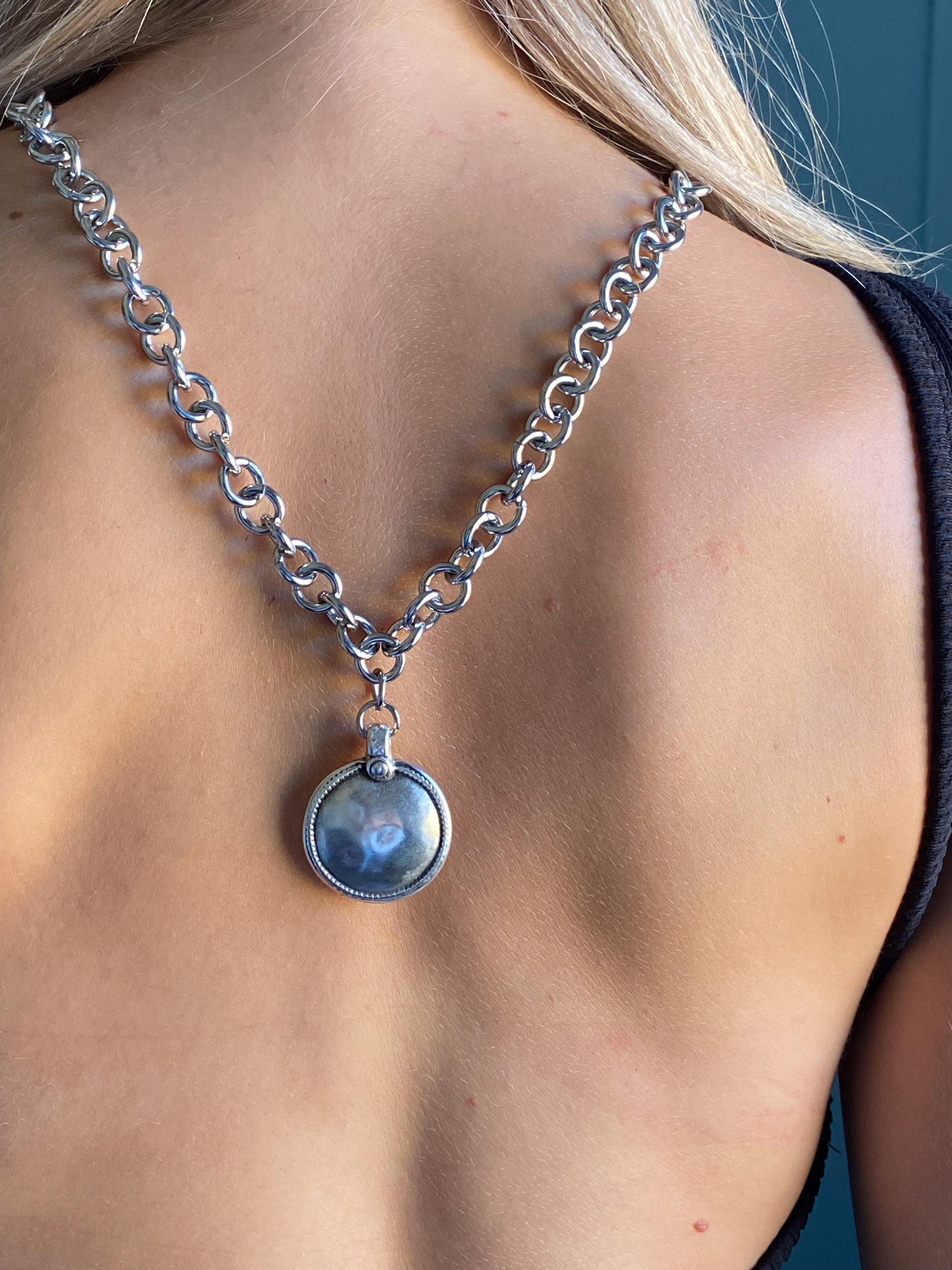 Long Chunky Chain Necklace, Ancient Large Silver Round Pendant, Antique Style Jewelry, GIO