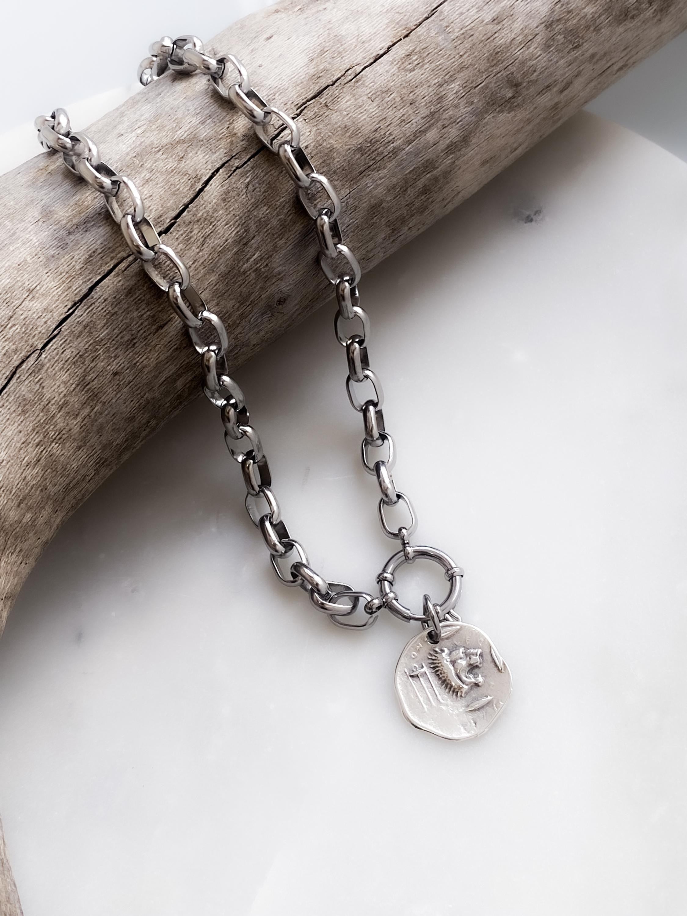 Chunky Silver Coin Necklace, Ancient Greek Medallion Pendant, Antique Boho Style, NIAM
