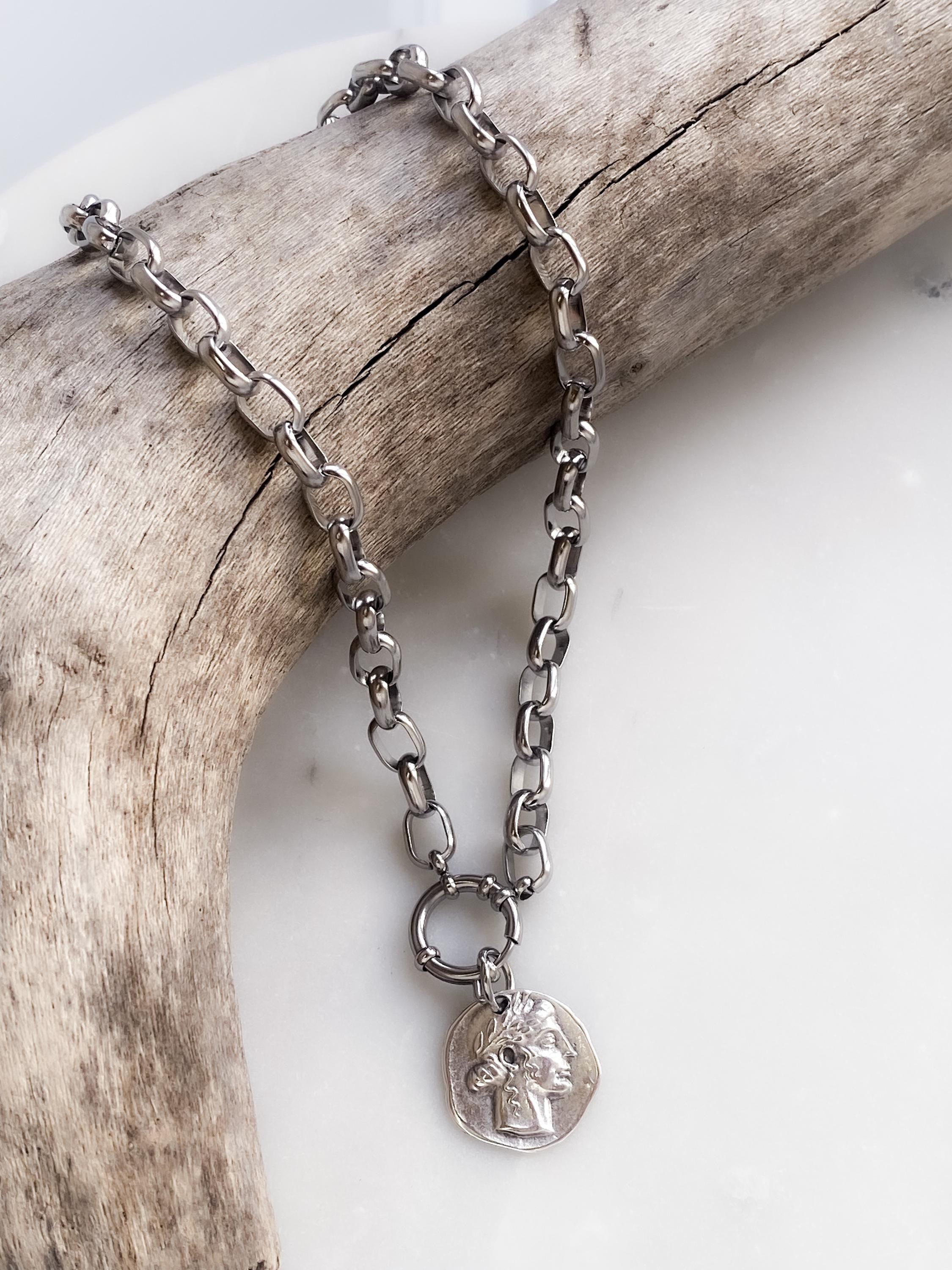 Chunky Silver Coin Necklace, Ancient Greek Medallion Pendant, Antique Boho Style, NIAM