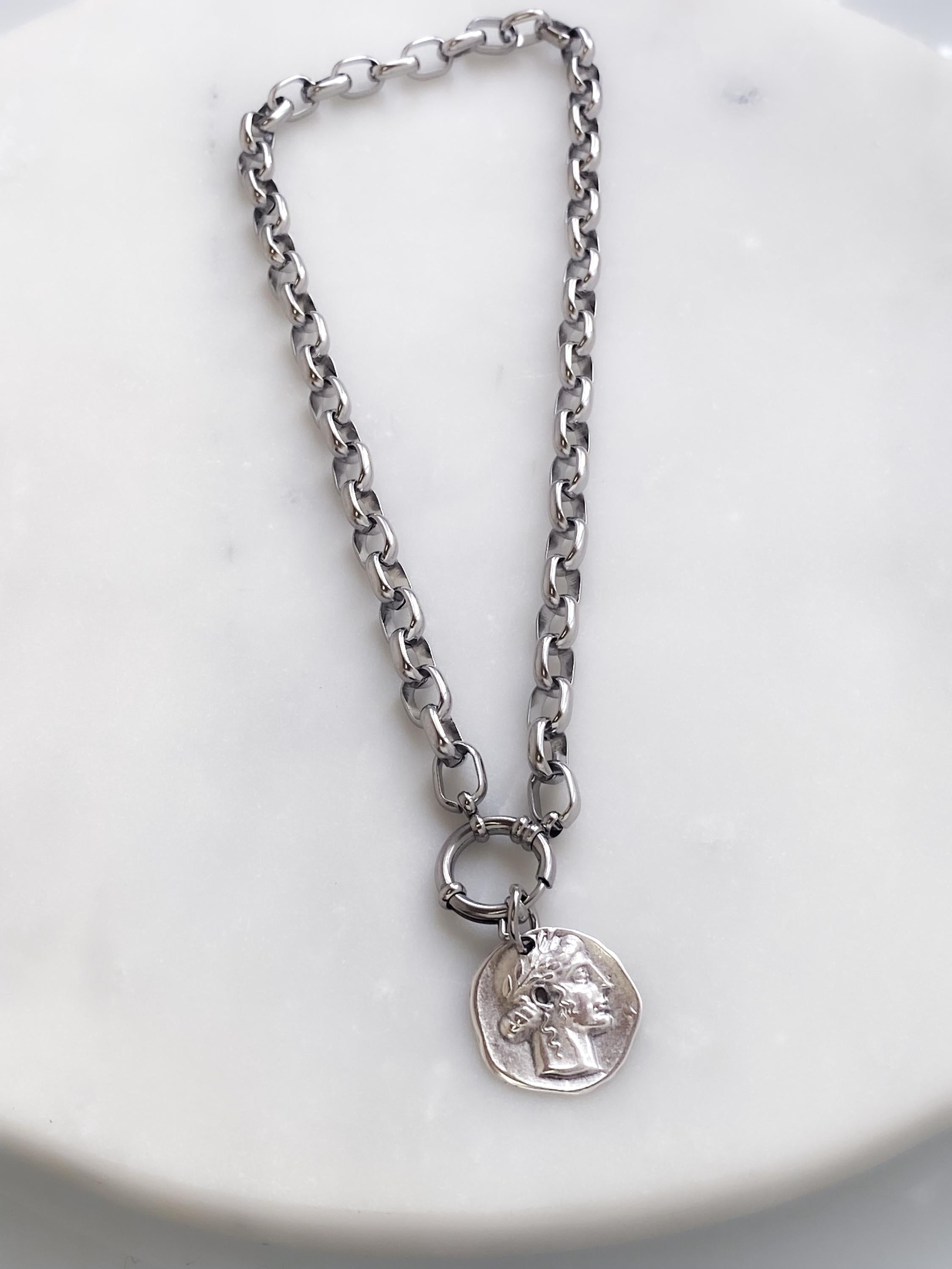 Chunky Silver Coin Necklace, Ancient Greek Medallion Pendant, Antique Boho Style, NIAM