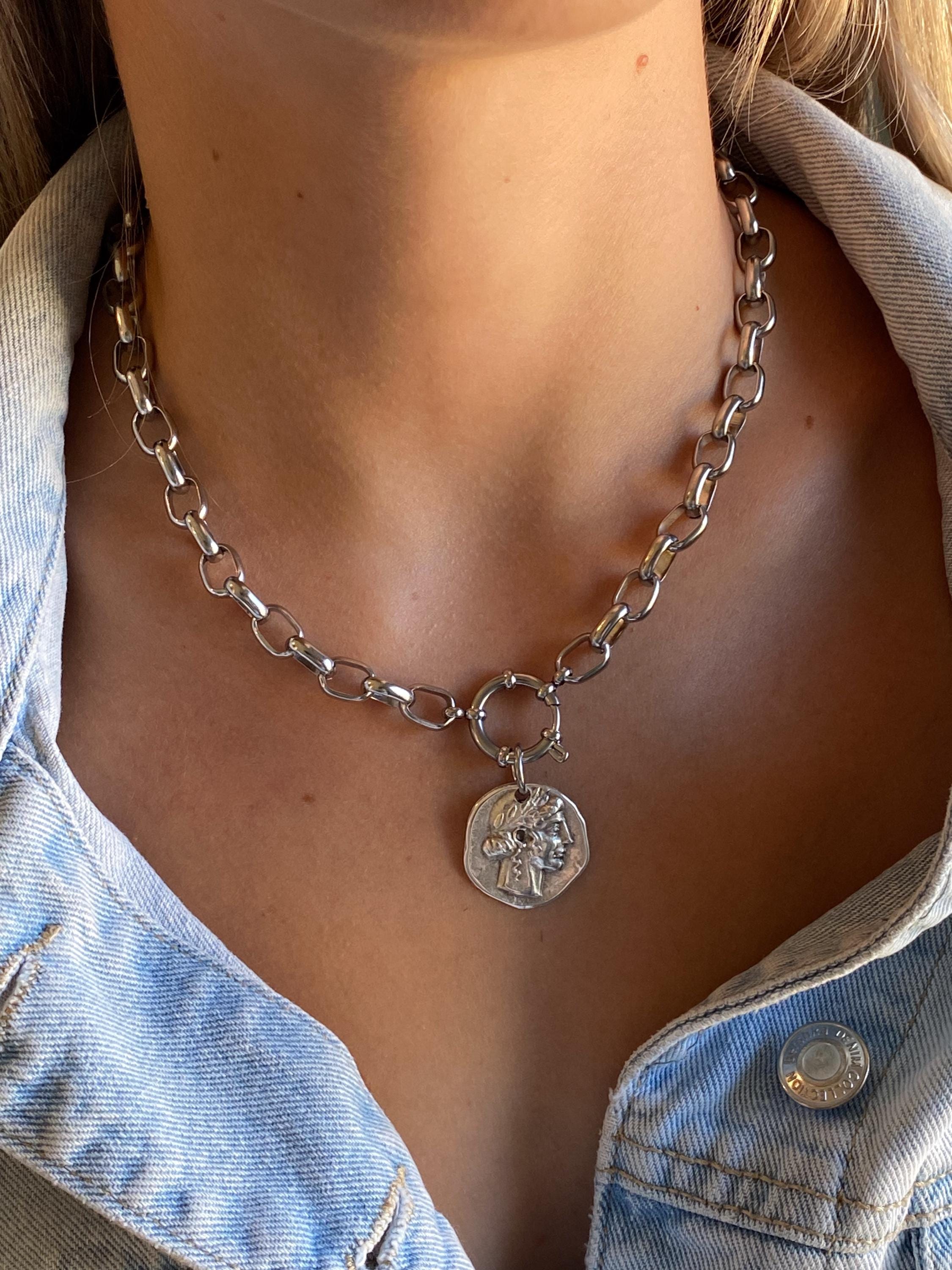 Chunky Silver Coin Necklace, Ancient Greek Medallion Pendant, Antique Boho Style, NIAM