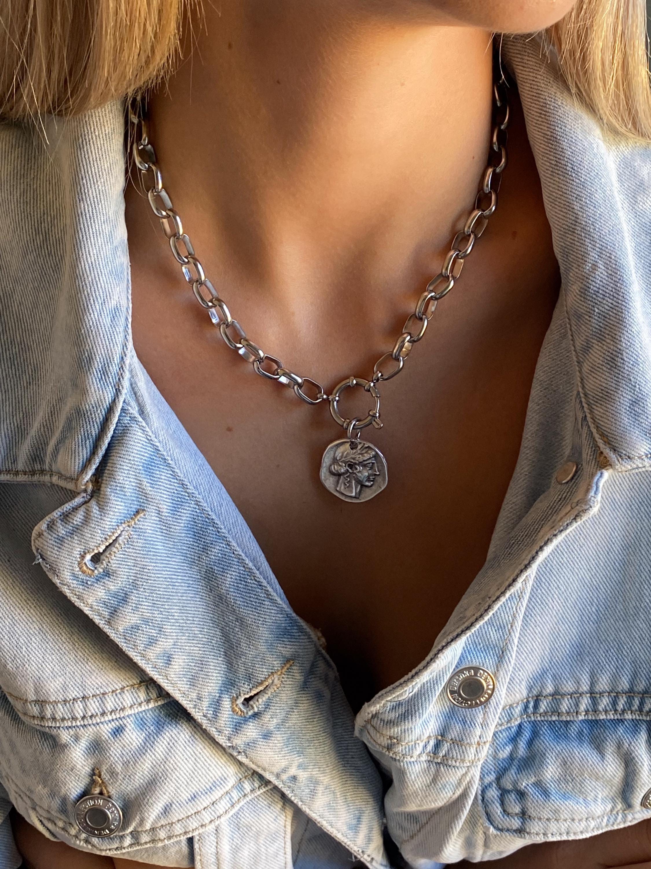 Chunky Silver Coin Necklace, Ancient Greek Medallion Pendant, Antique Boho Style, NIAM