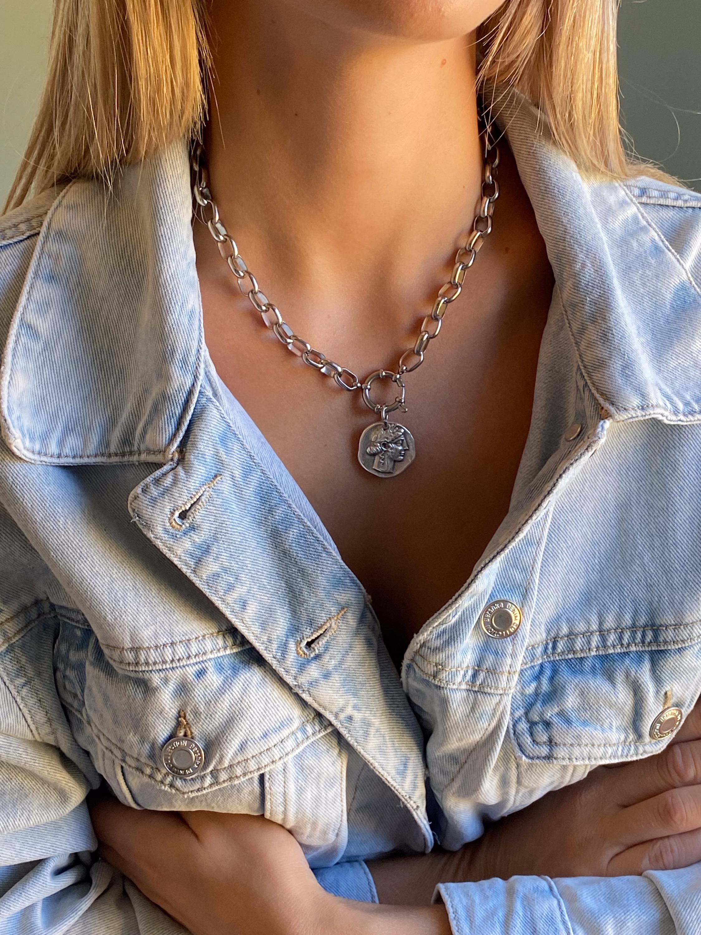 Chunky Silver Coin Necklace, Ancient Greek Medallion Pendant, Antique Boho Style, NIAM